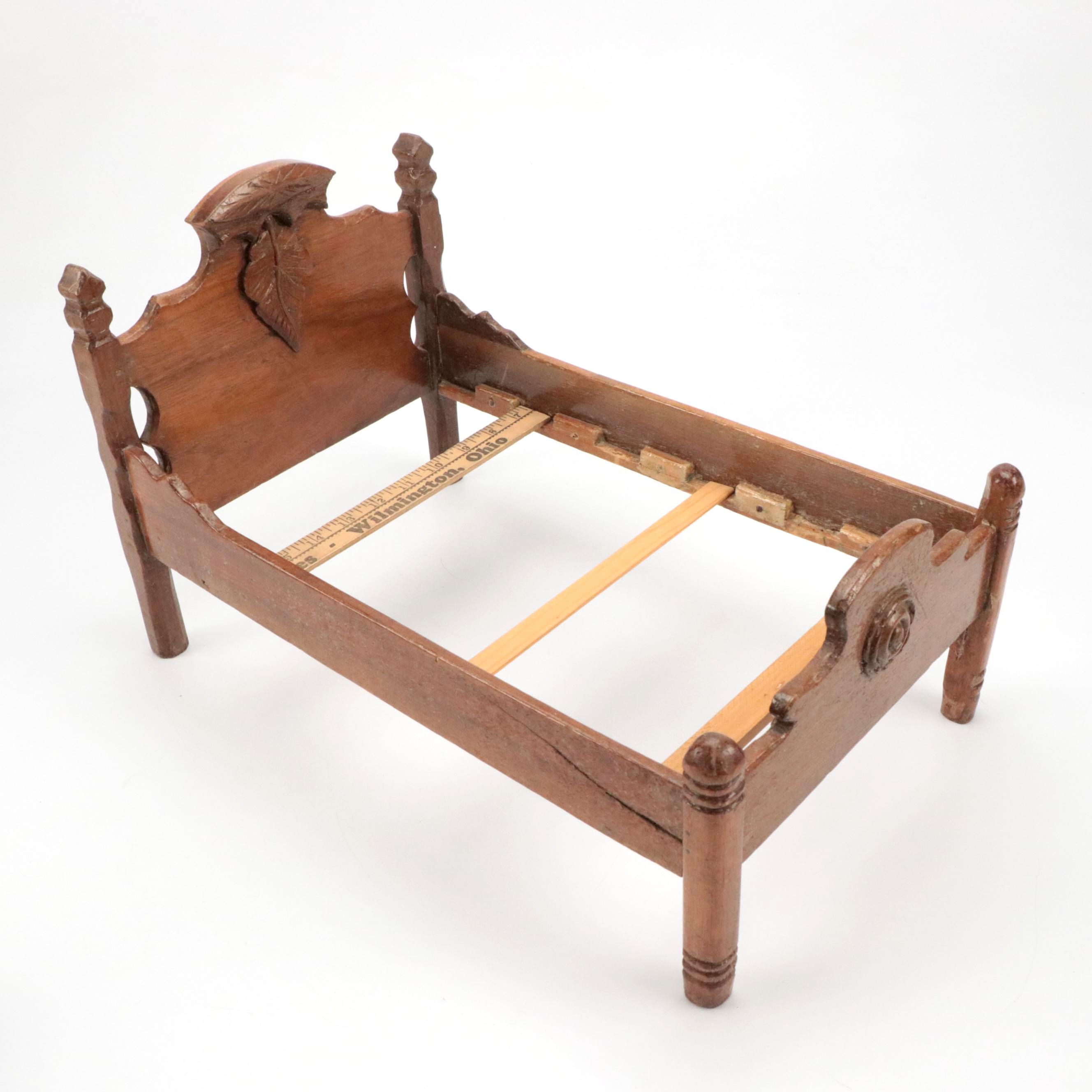 Late Victorian Style Walnut Doll's Bed with Miniature Quilt and Bedding