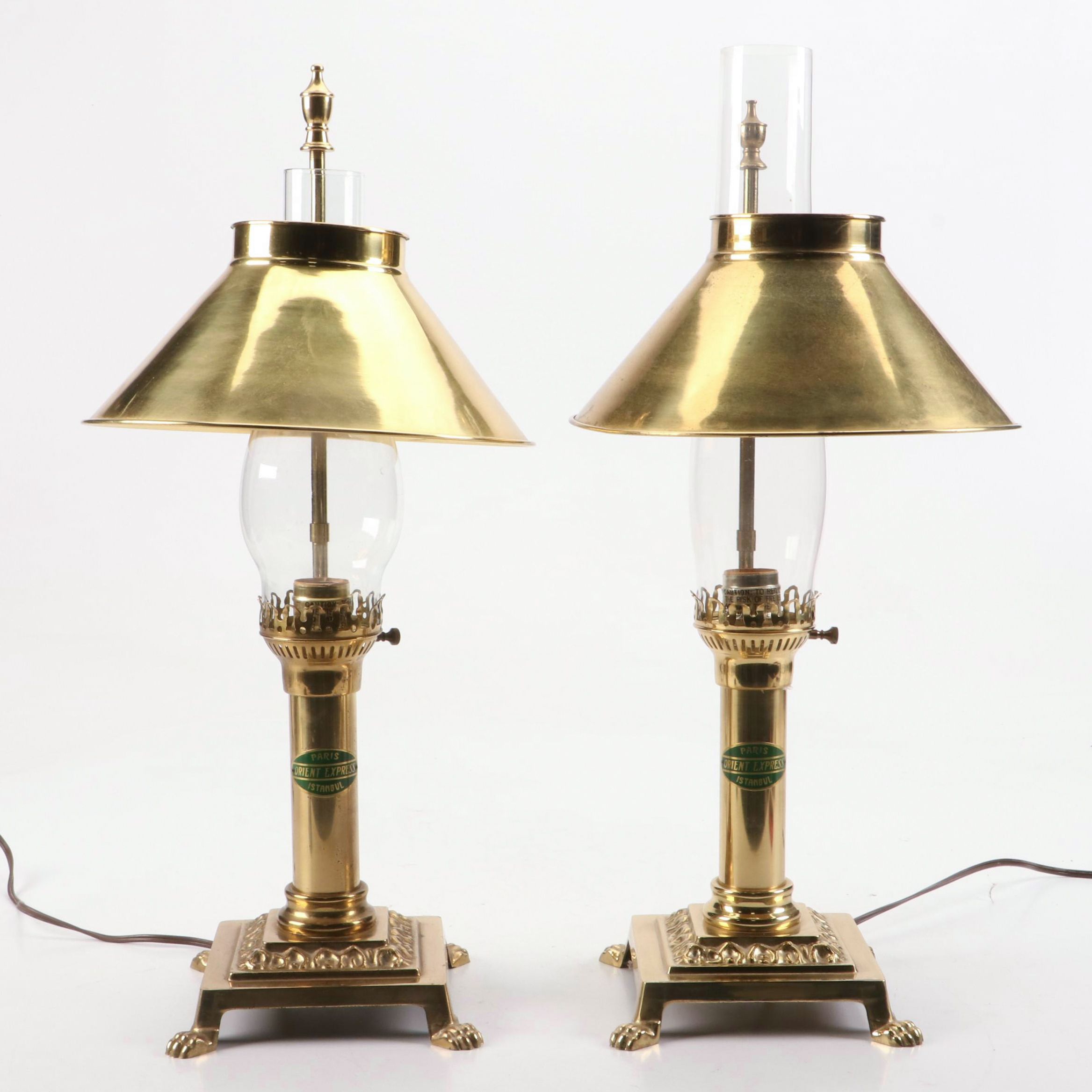 Brass Orient Express Style Oil Lamps with Brass Shades, Adapted