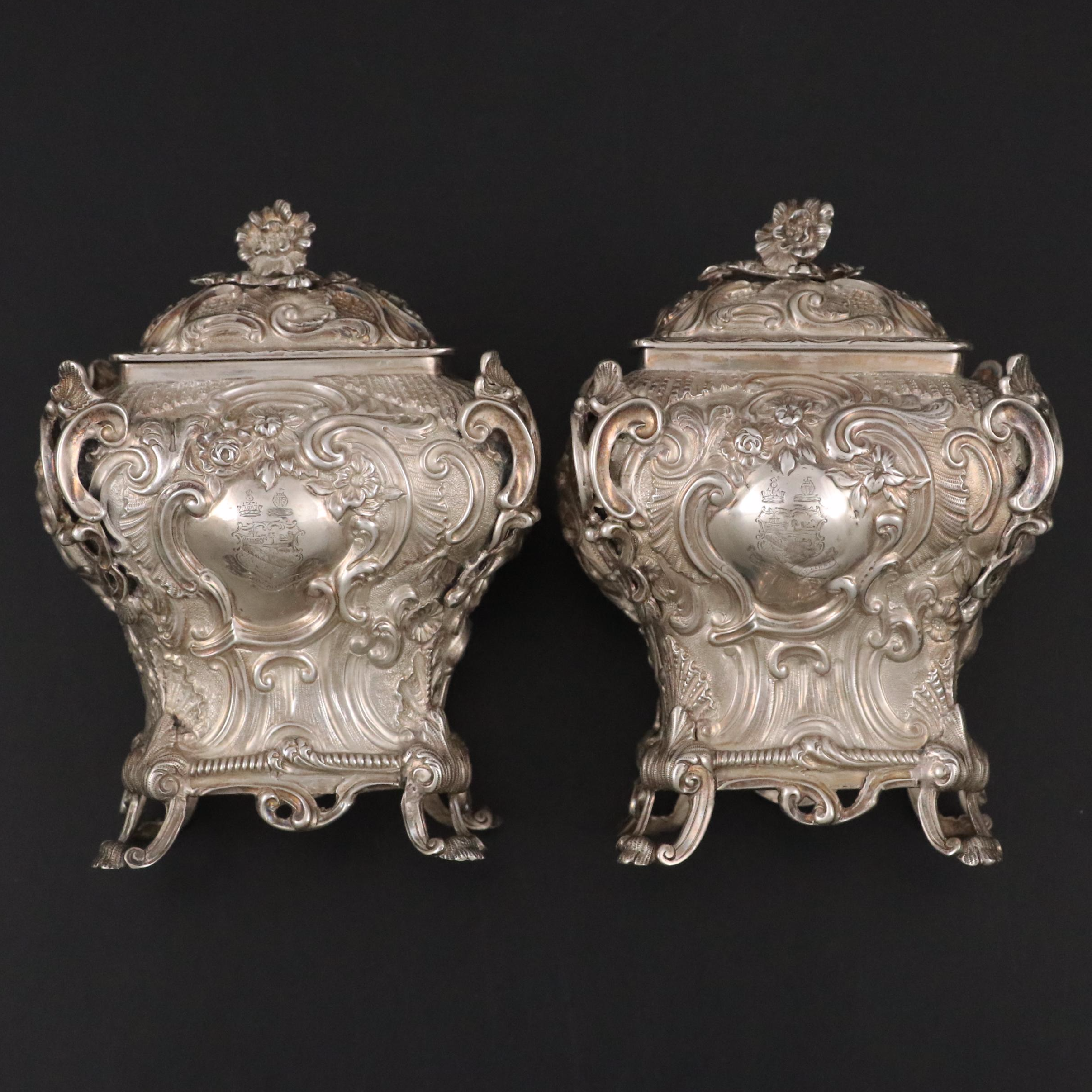 Georgian Chinoiserie Repoussé Sterling Tea Caddies with Lord Nelson Crest, 1829