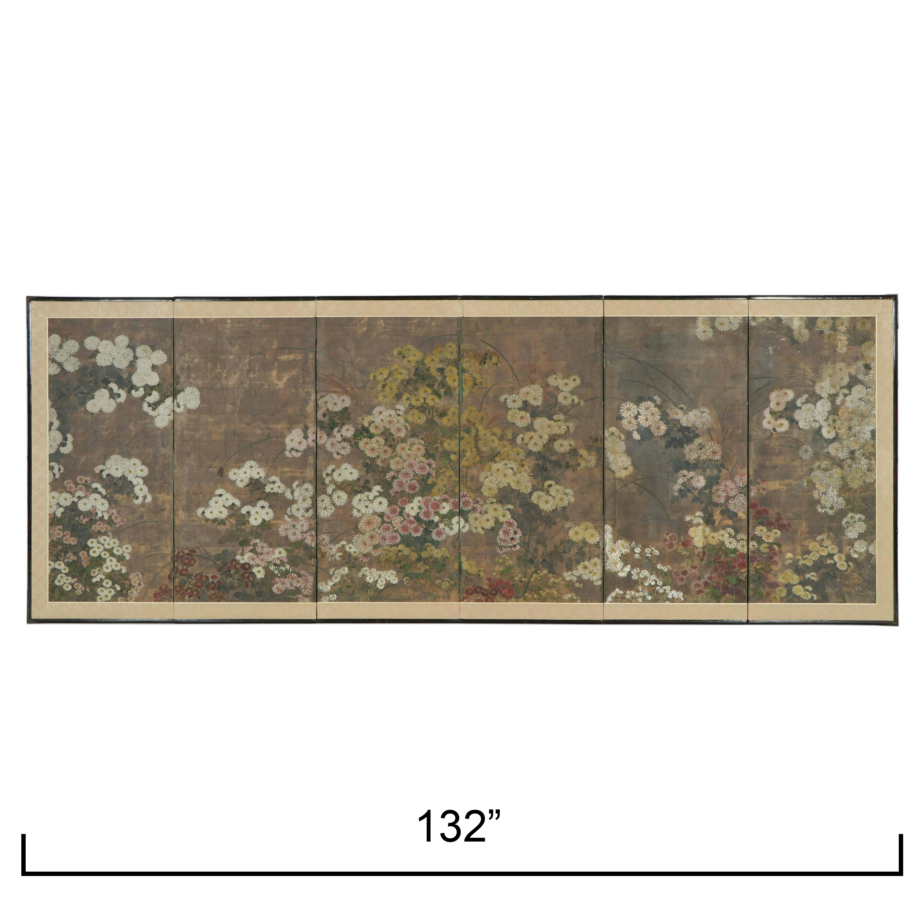 Japanese Rimpa School Edo Period Chrysanthemum Six-Panel Wall Screen