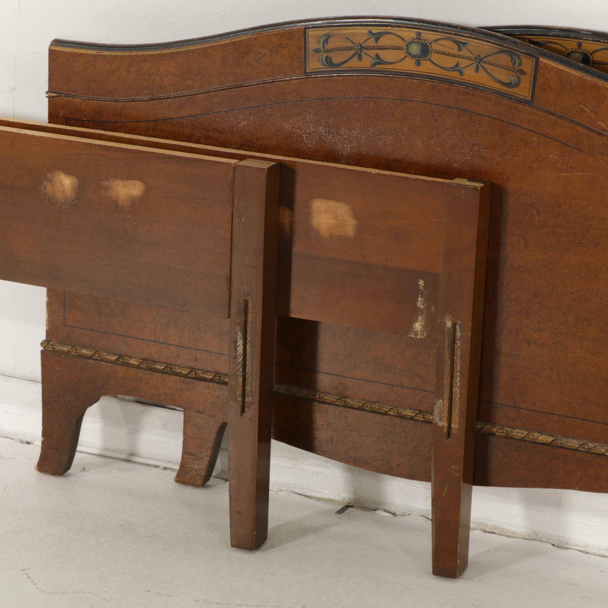 Pair of Neoclassical Style Birds-Eye Maple Twin Bed Frames with Painted Accents