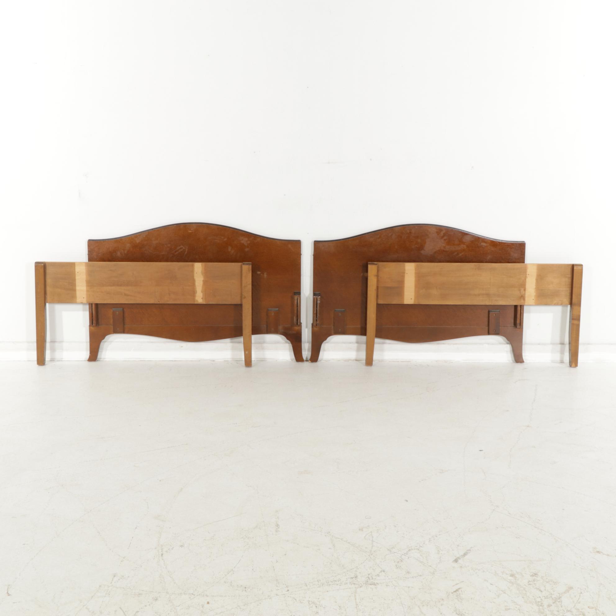 Pair of Neoclassical Style Birds-Eye Maple Twin Bed Frames with Painted Accents