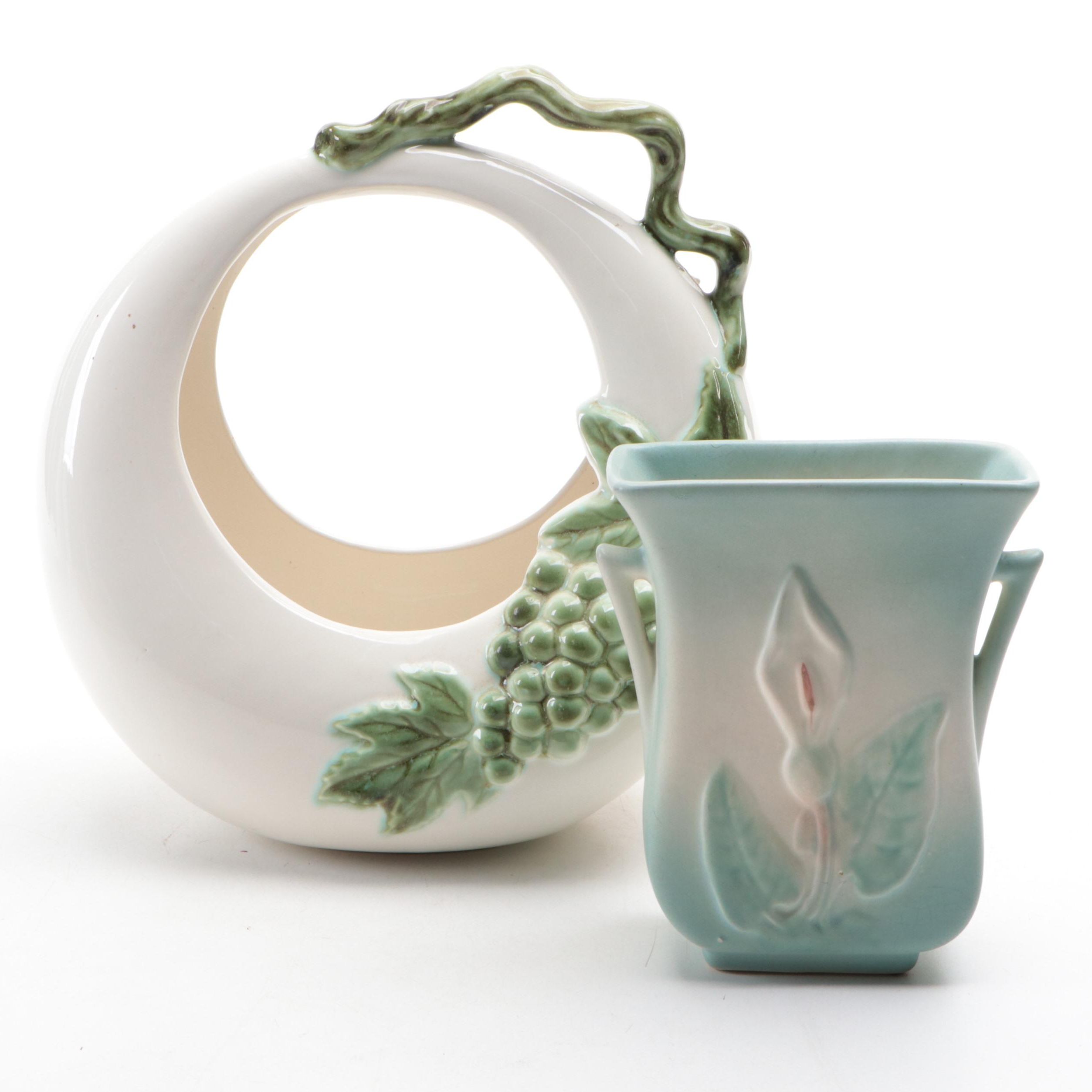 Hull Pottery Tokay Moon Basket and Calla Lily Vase, Early to Mid-20th Century