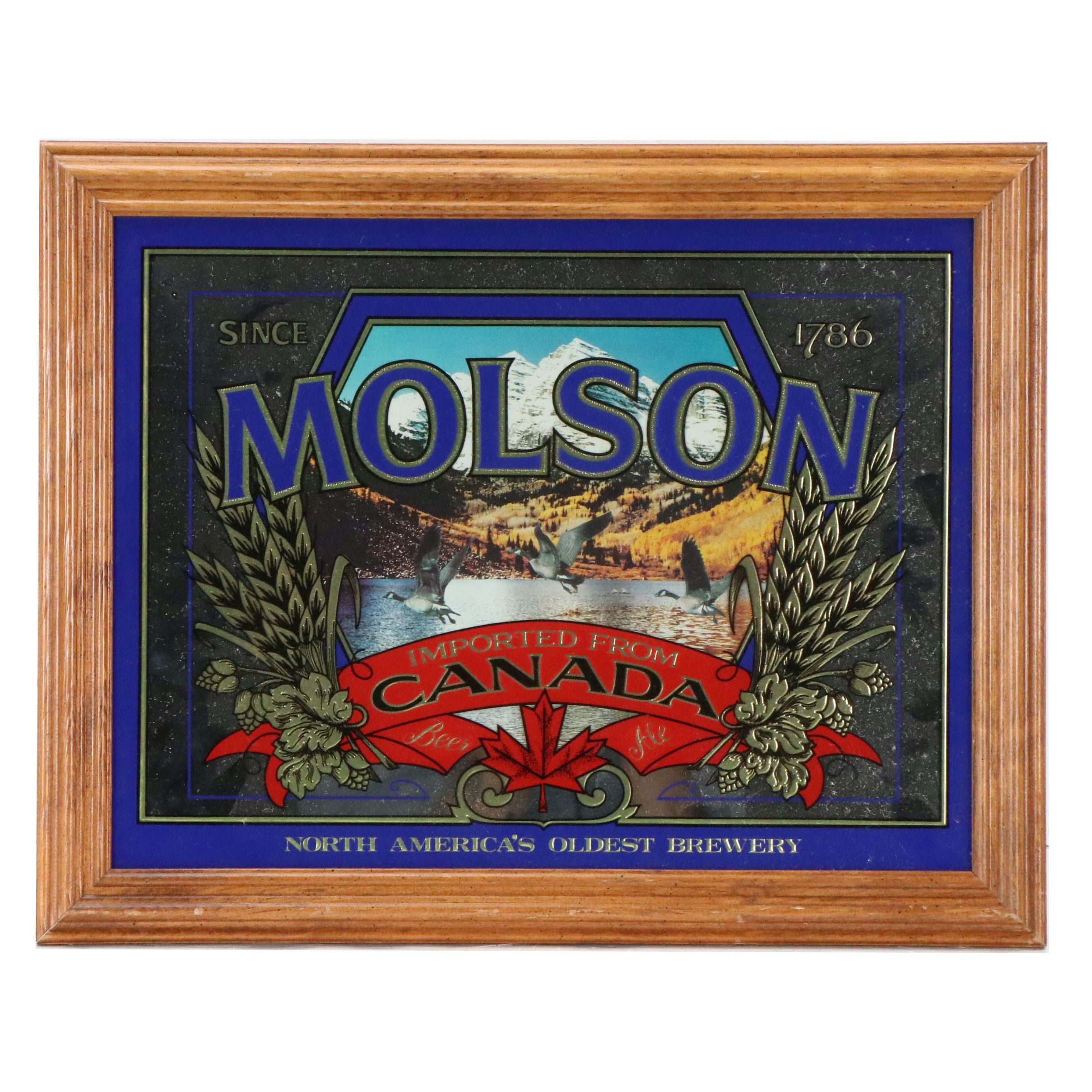 Molson Beer Wood Framed Bar Mirror, Late 20th Century