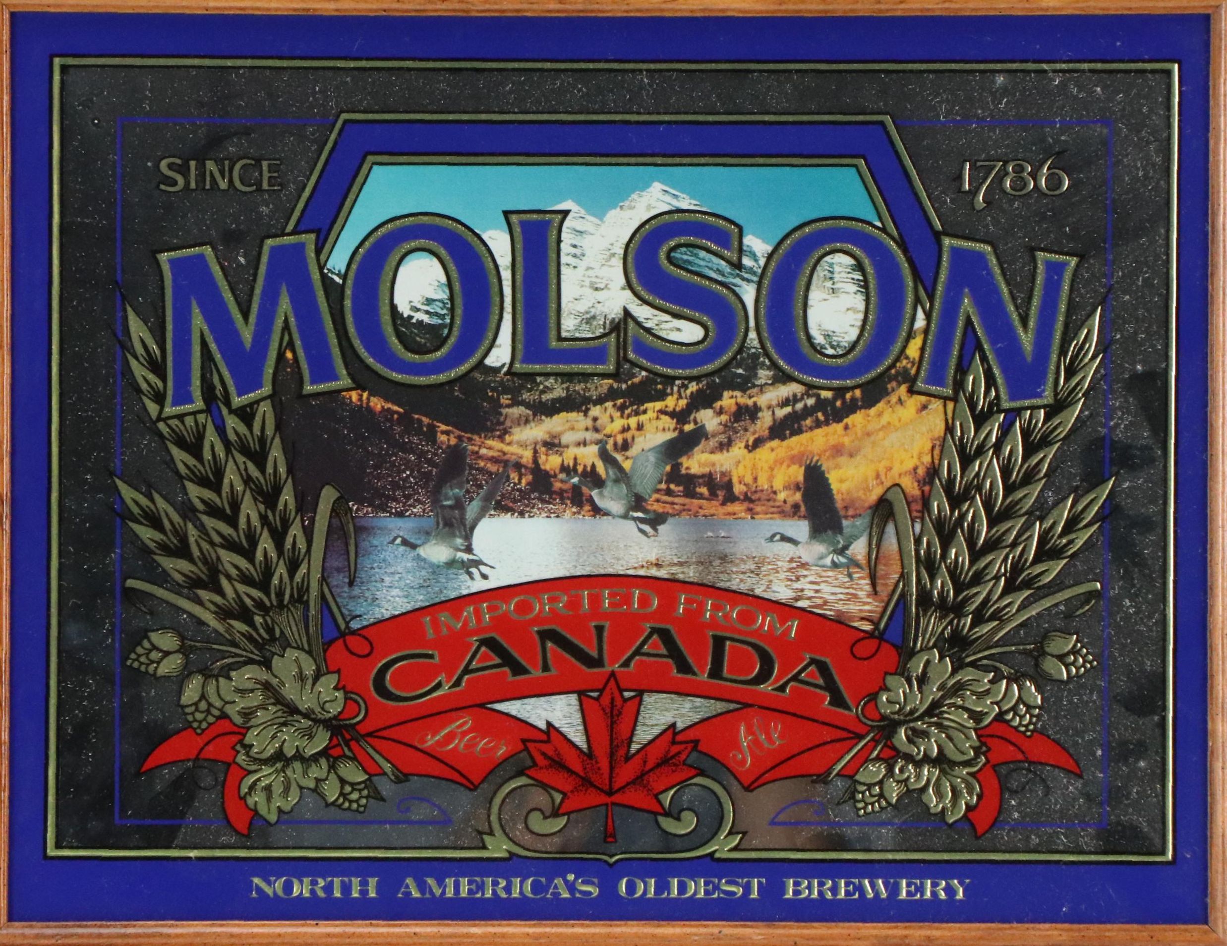 Molson Beer Wood Framed Bar Mirror, Late 20th Century