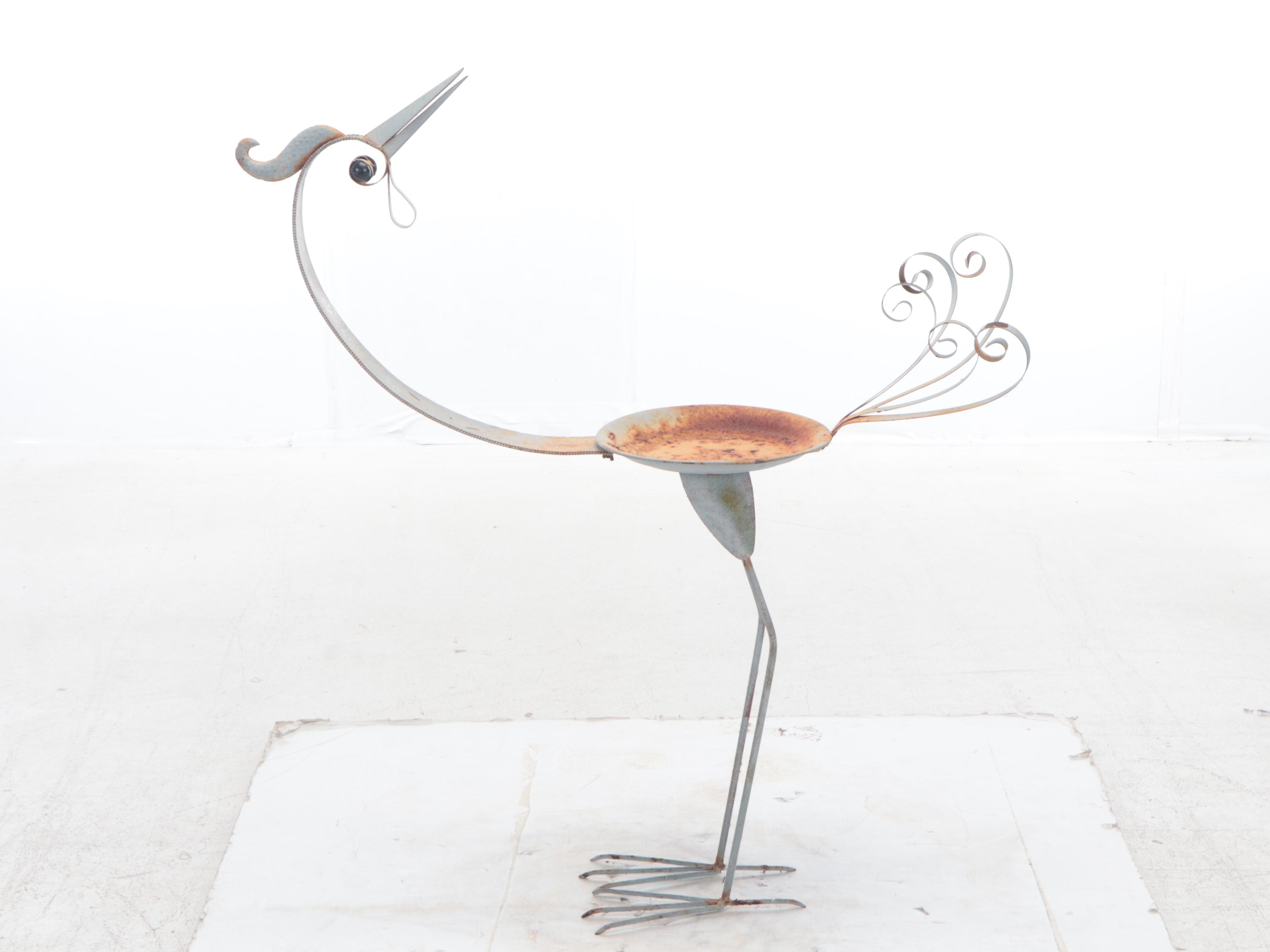 Benchmade Metal Outdoor Bird Sculptures Including Birdbath, Late 20th Century