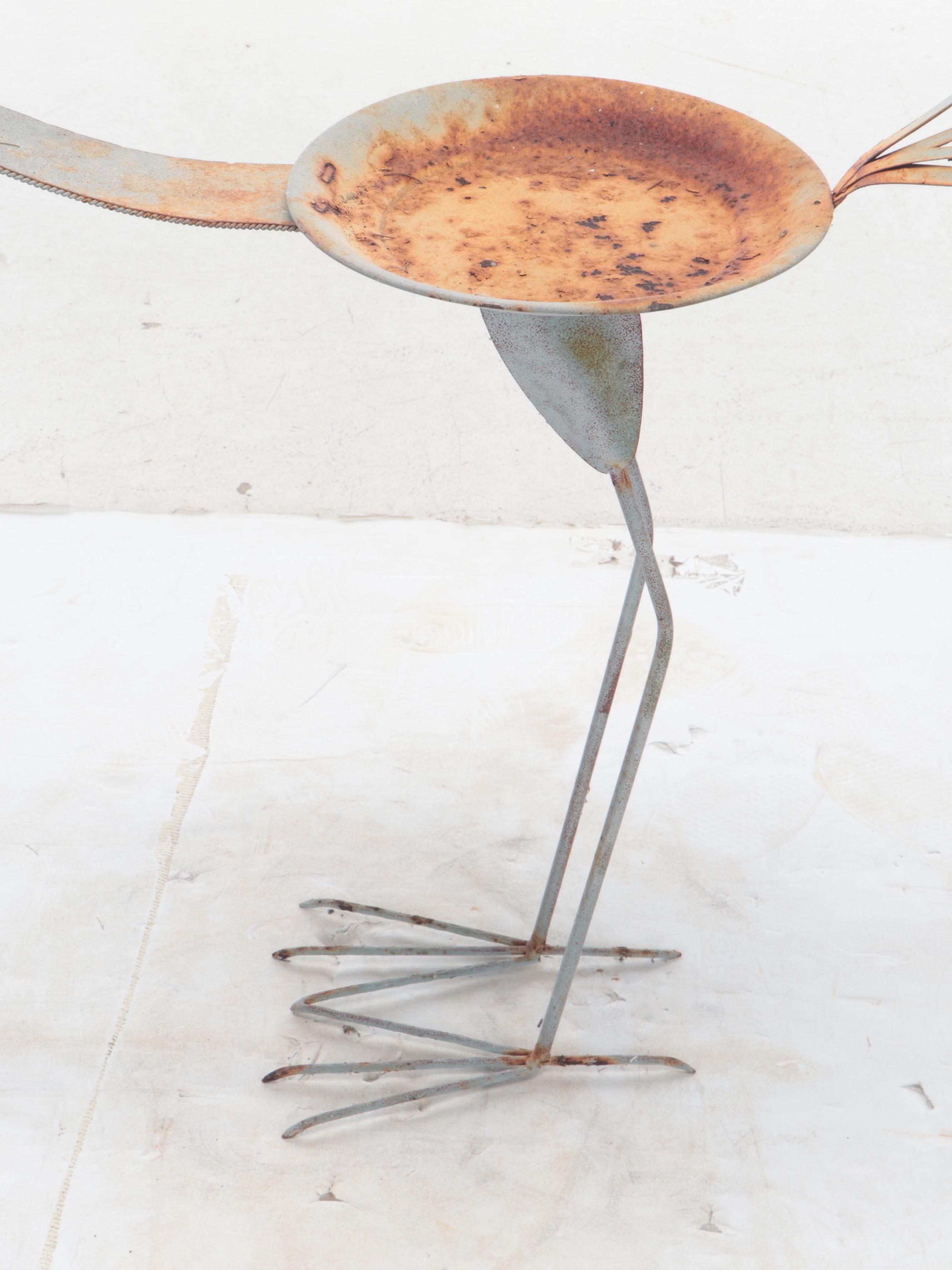 Benchmade Metal Outdoor Bird Sculptures Including Birdbath, Late 20th Century