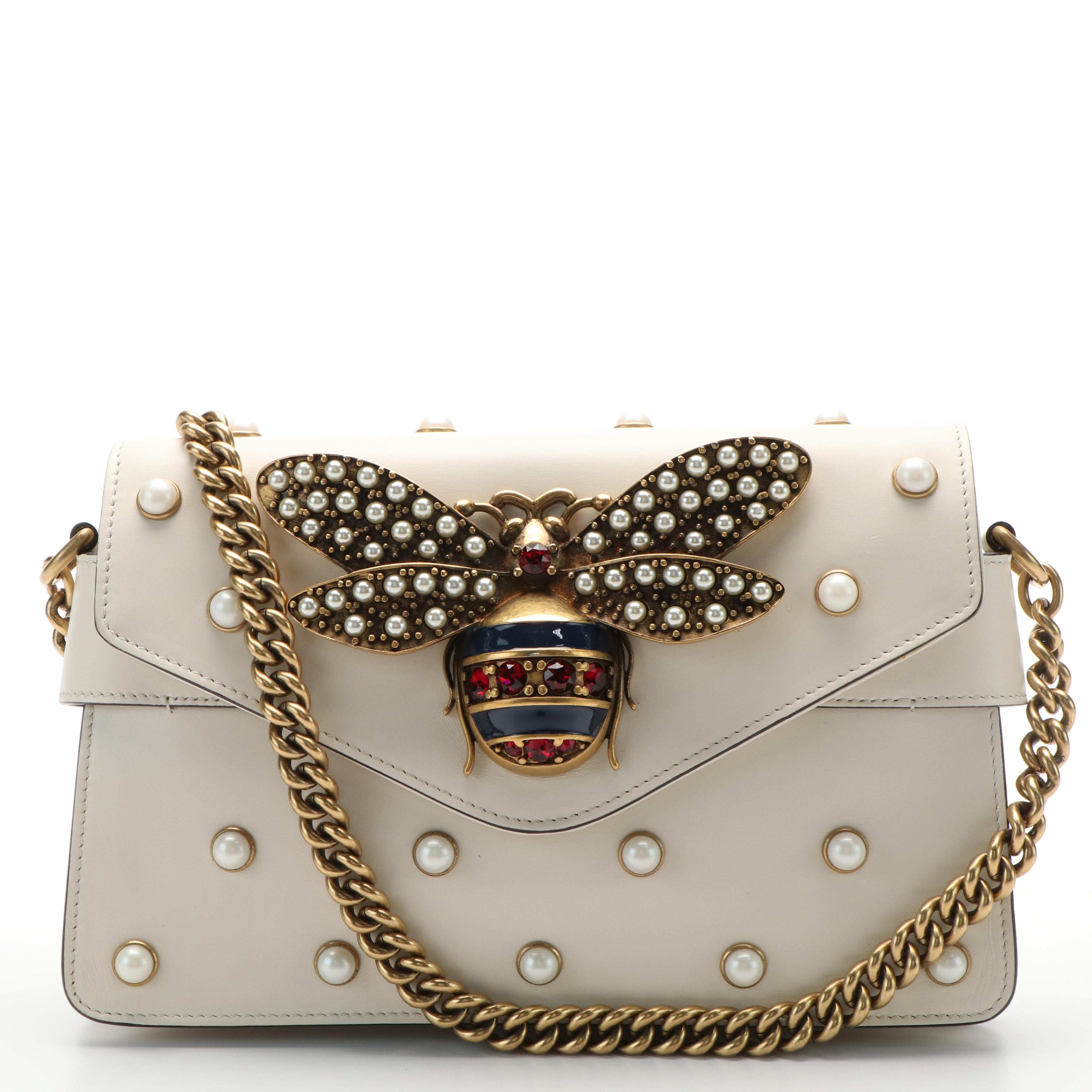 Gucci Broadway White Leather Pearly Bee Shoulder Bag
