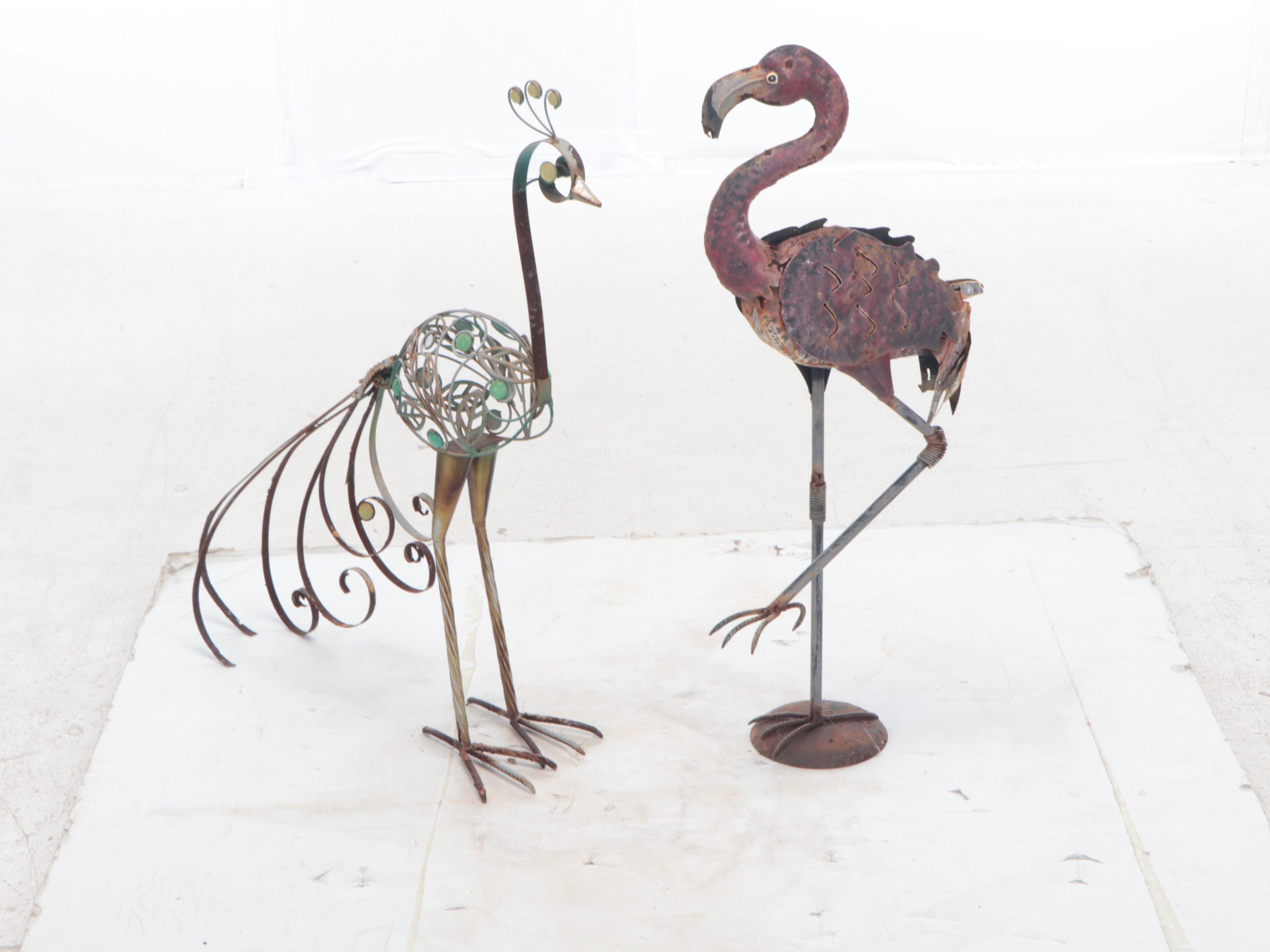 Benchmade Metal Outdoor Bird Sculptures Including Birdbath, Late 20th Century