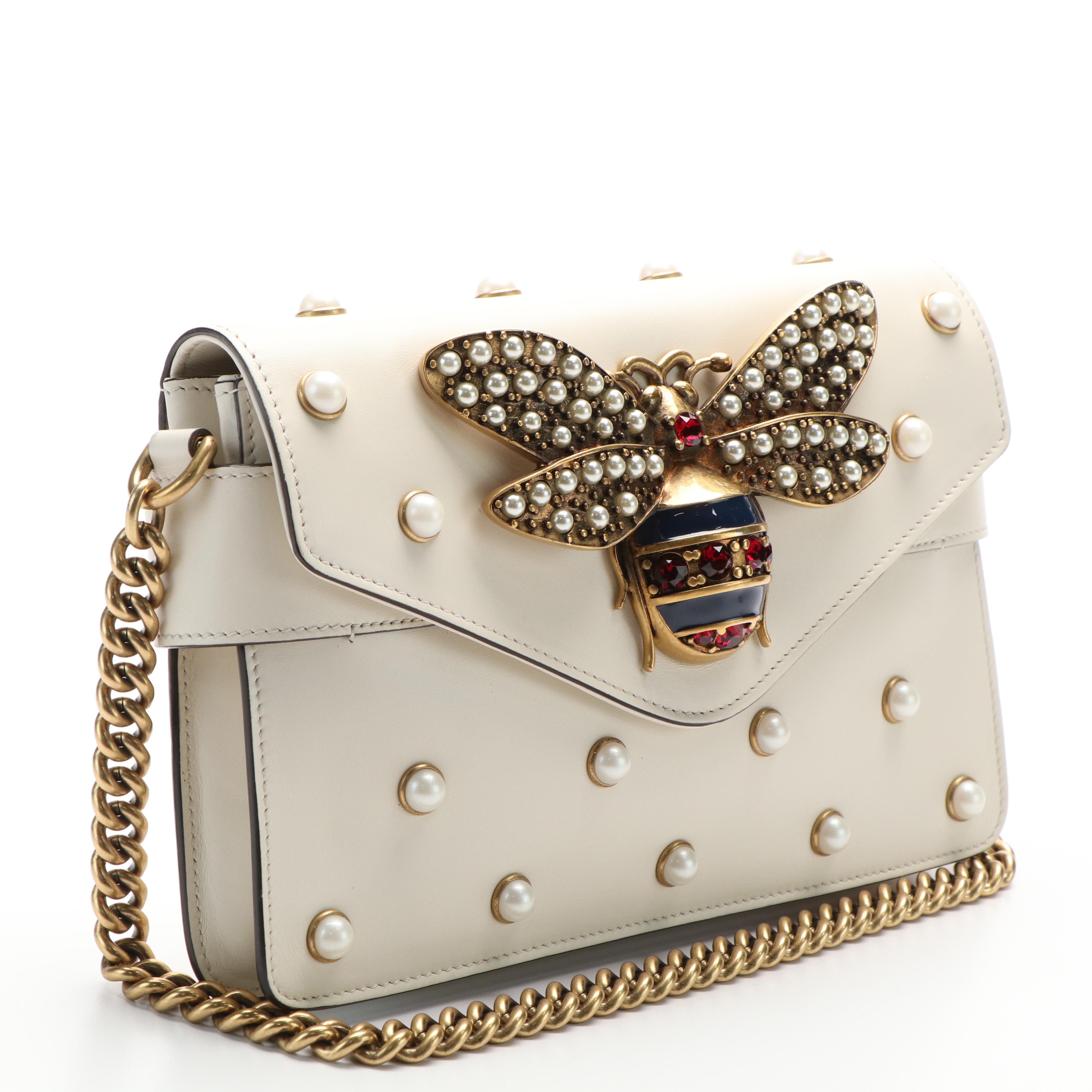 Gucci Broadway White Leather Pearly Bee Shoulder Bag