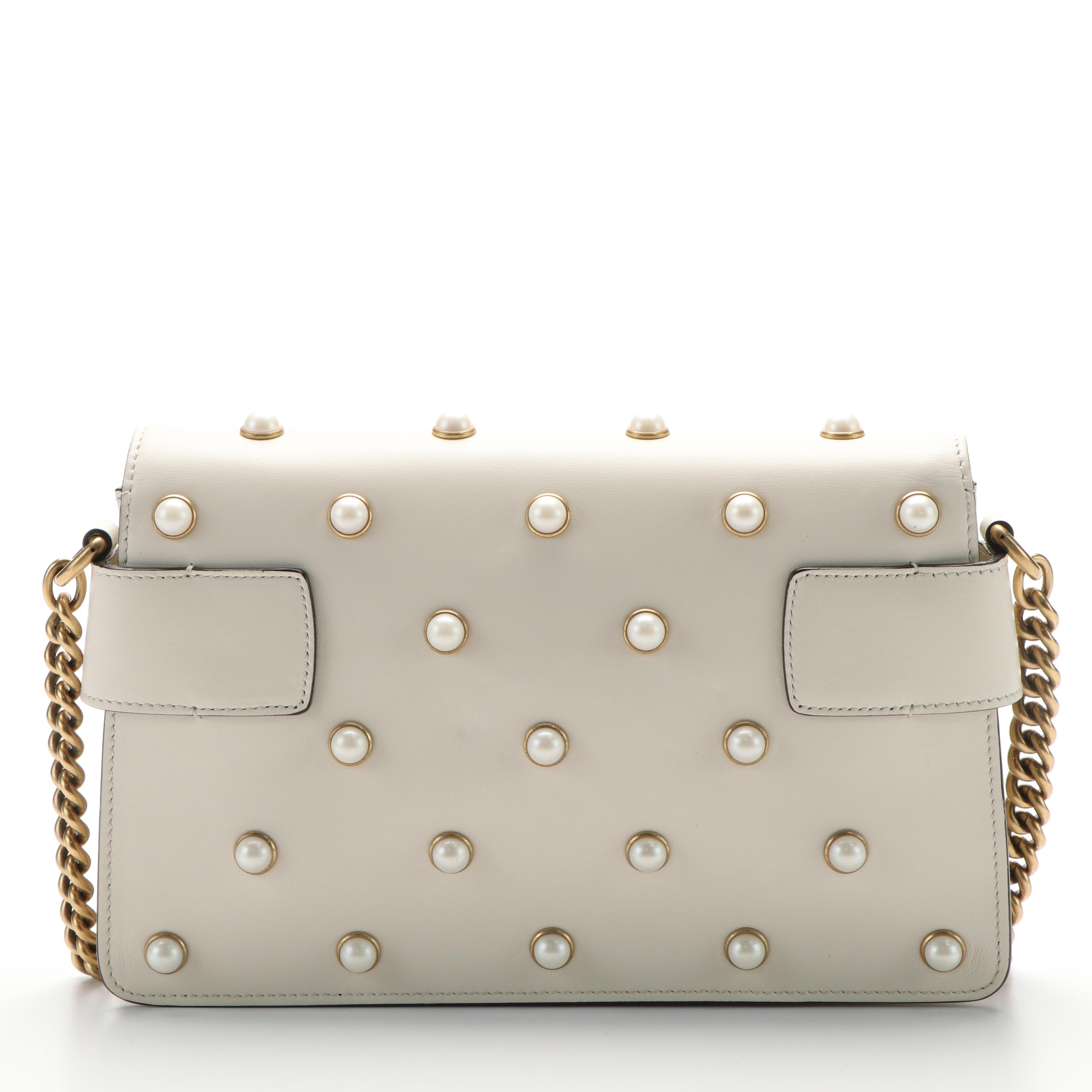 Gucci Broadway White Leather Pearly Bee Shoulder Bag