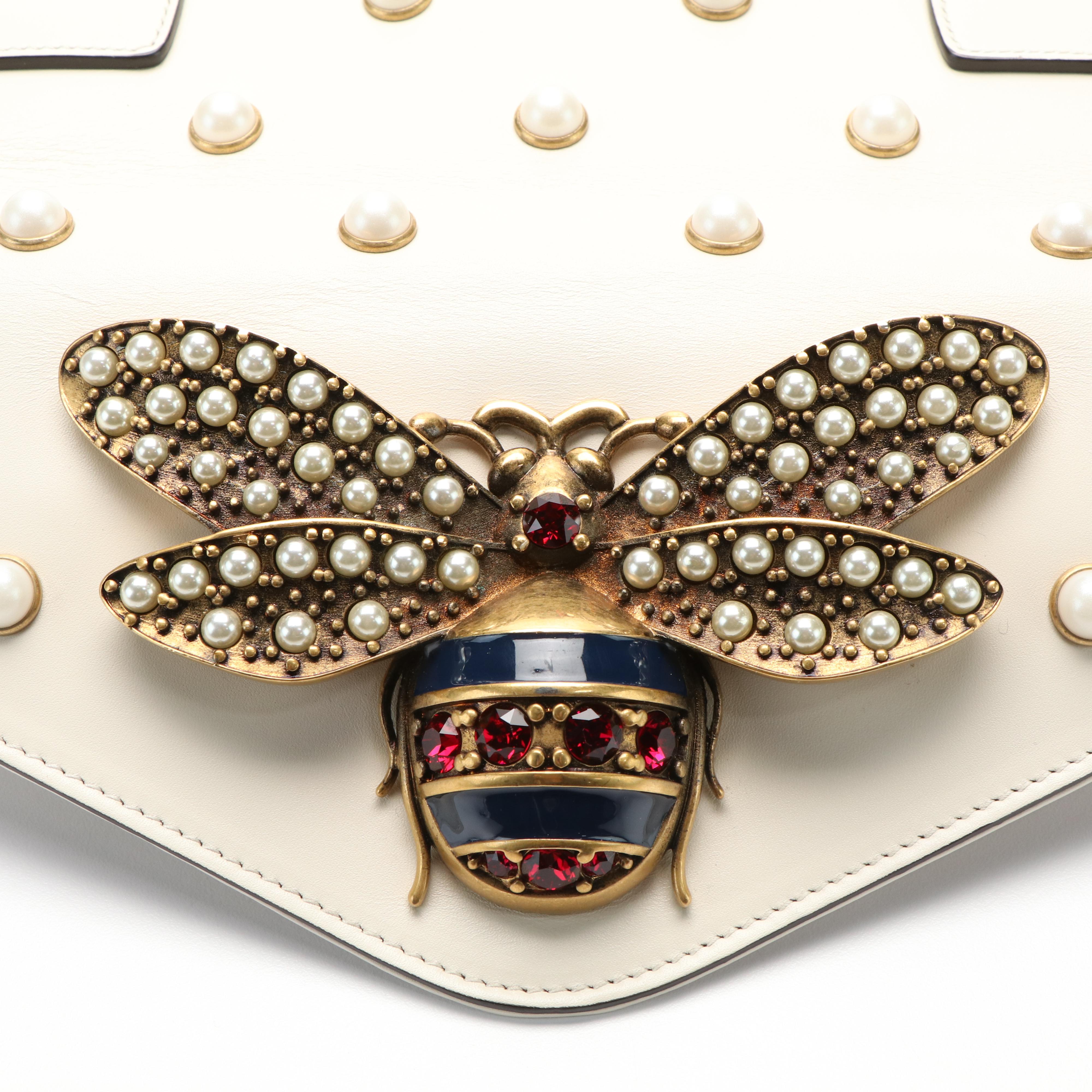 Gucci Broadway White Leather Pearly Bee Shoulder Bag