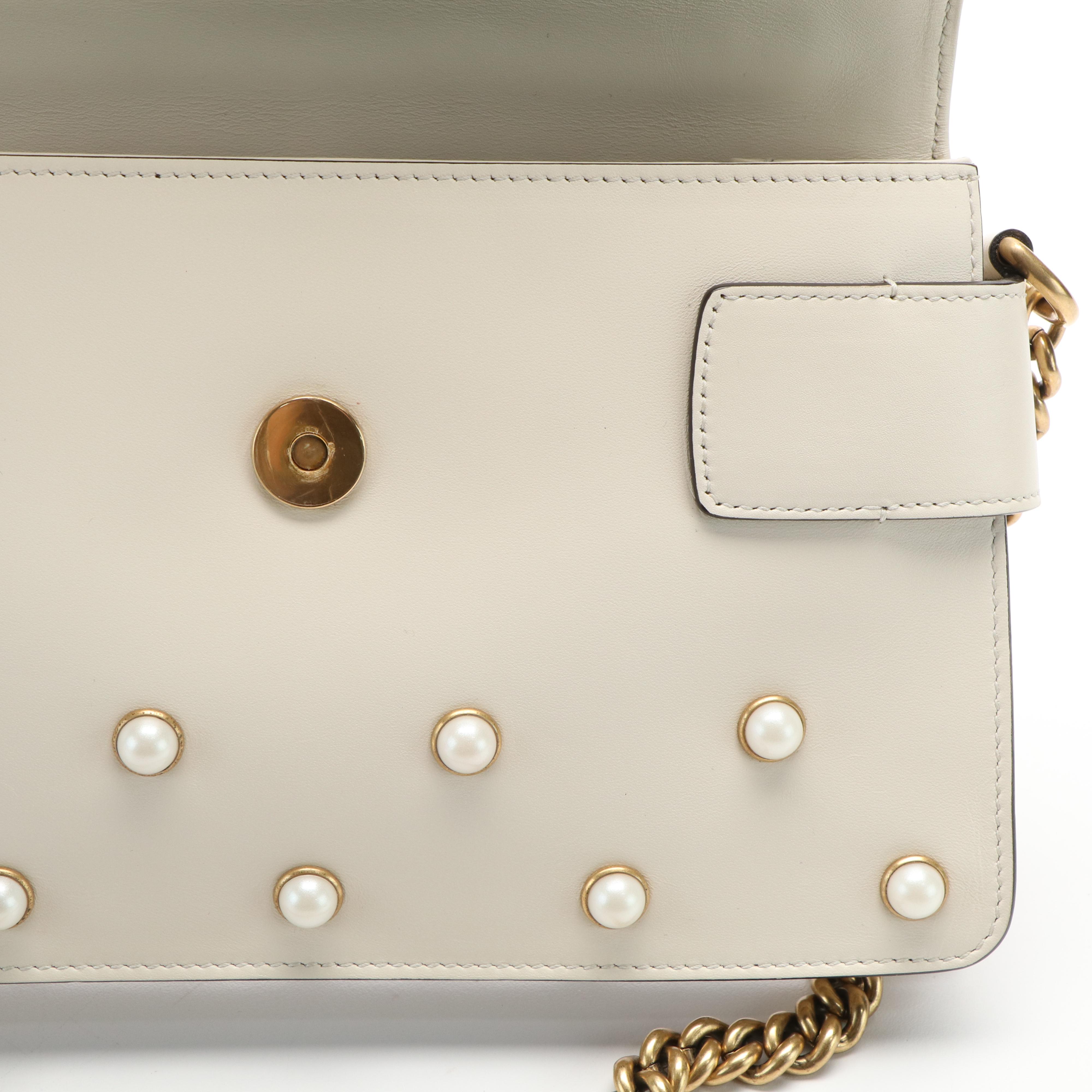 Gucci Broadway White Leather Pearly Bee Shoulder Bag