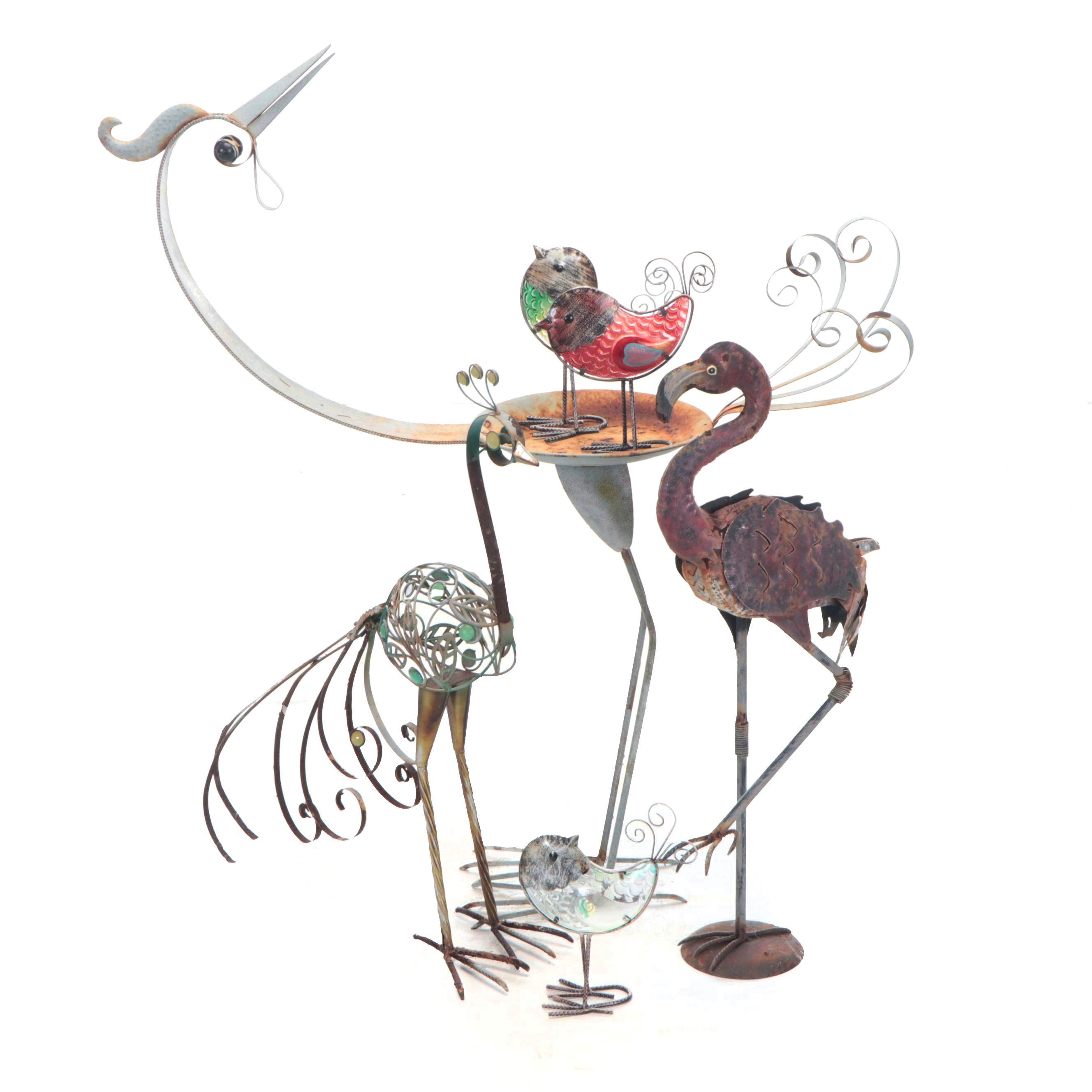 Benchmade Metal Outdoor Bird Sculptures Including Birdbath, Late 20th Century
