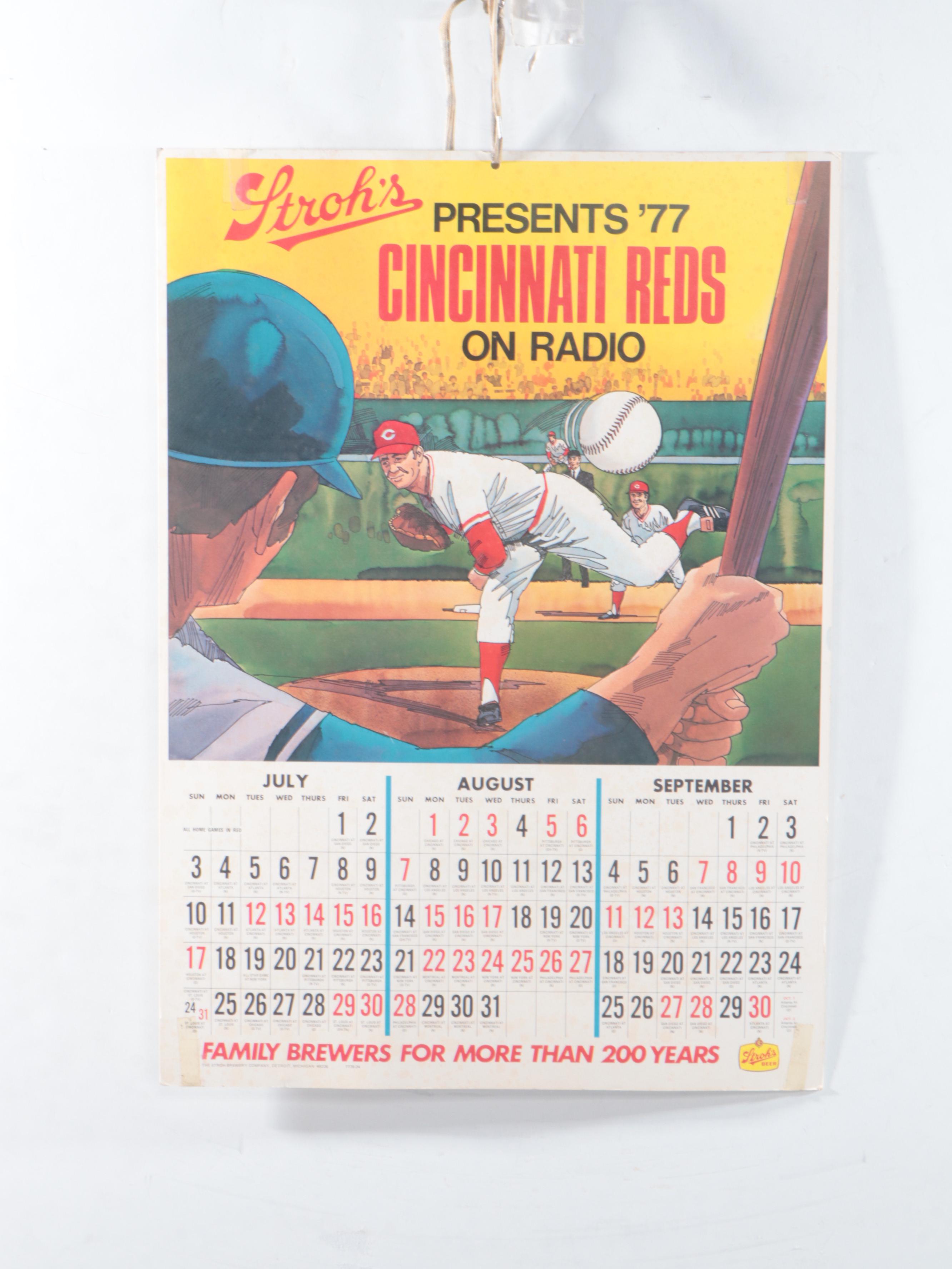 Stroh's Beer Cincinnati Reds Baseball Game Radio Calendar, 1977