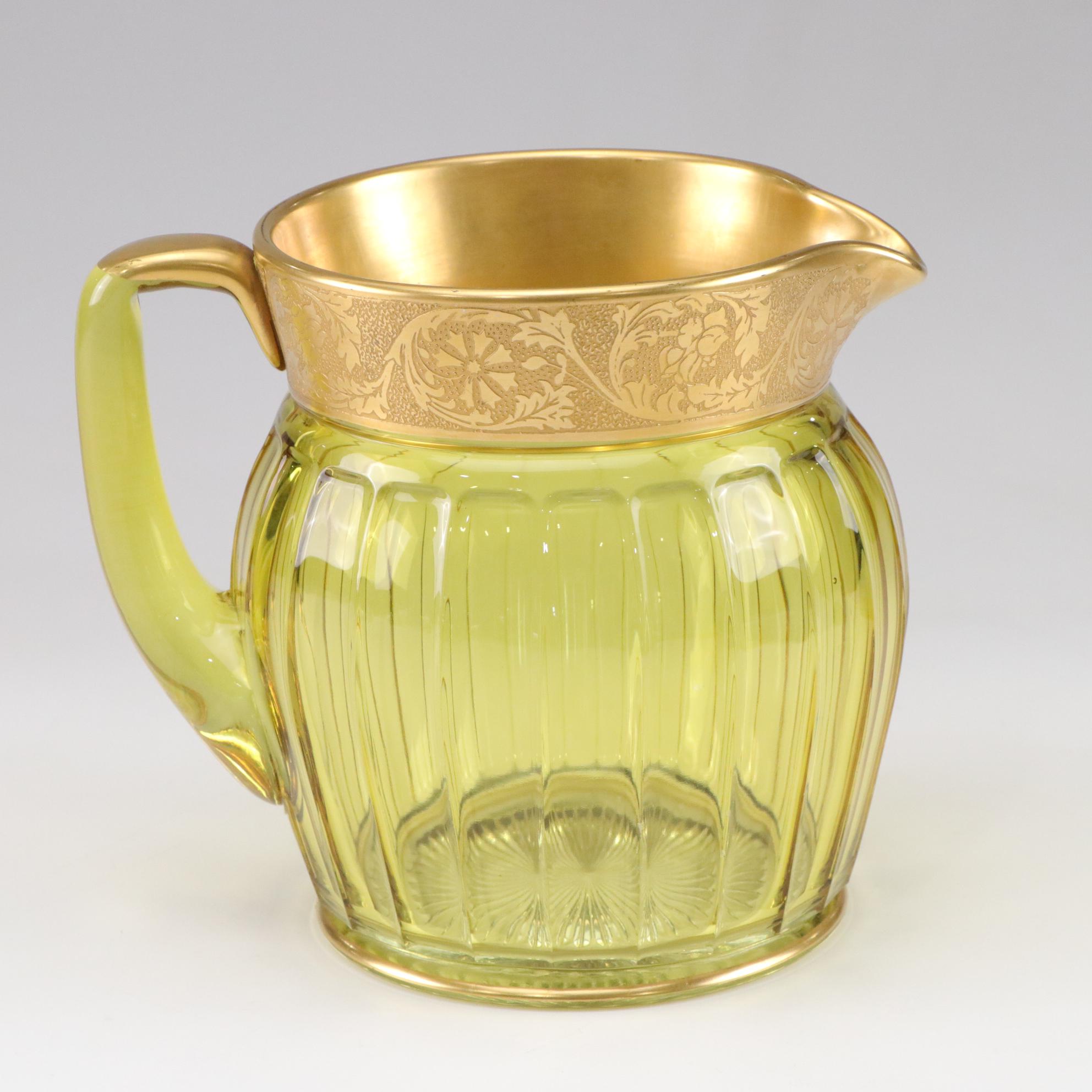 Heisey "Fluted Panel" Marigold Glass Pitcher With Gilded Rim