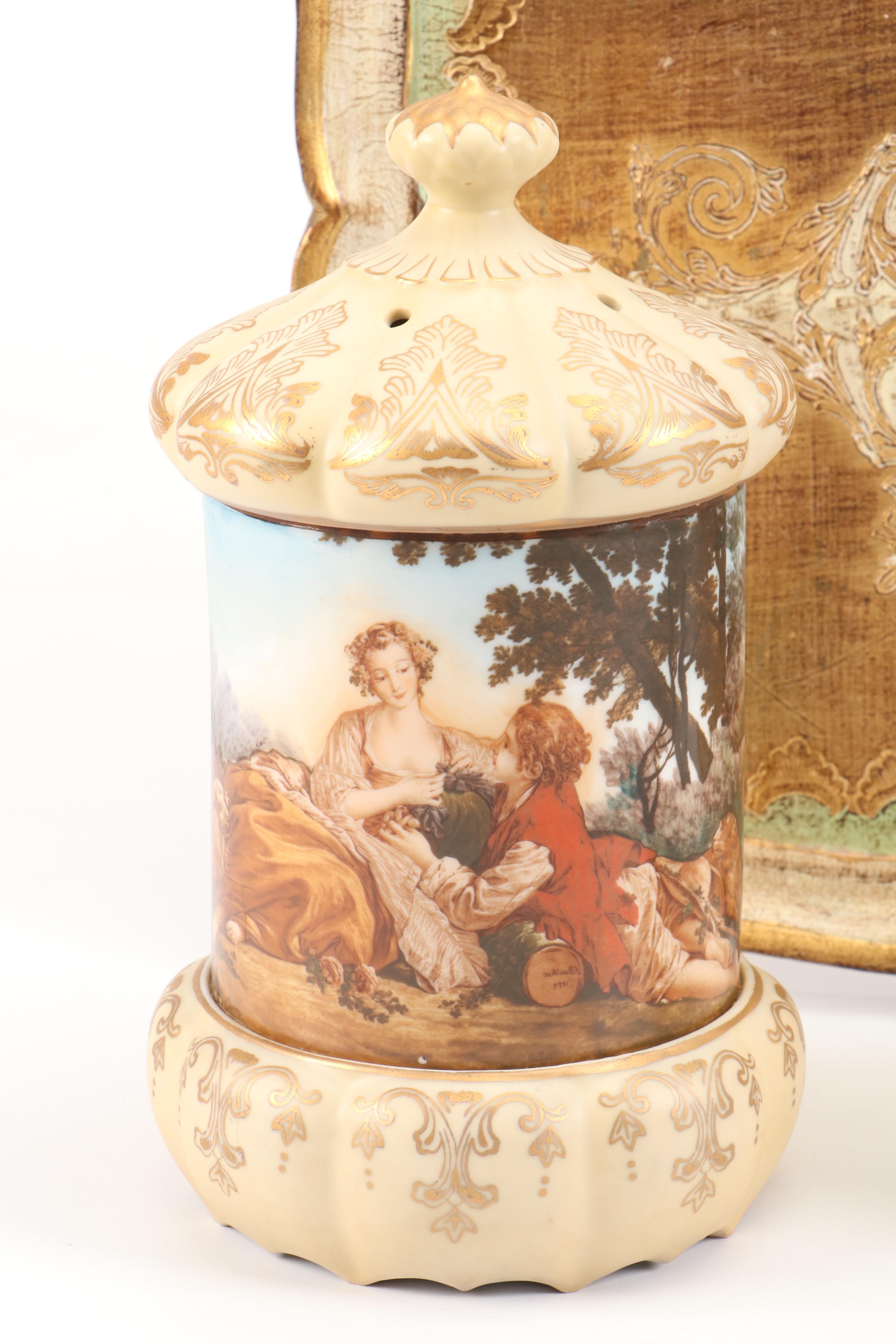 Sankyo Landscape Motif Porcelain Music Box with More Table Accessories