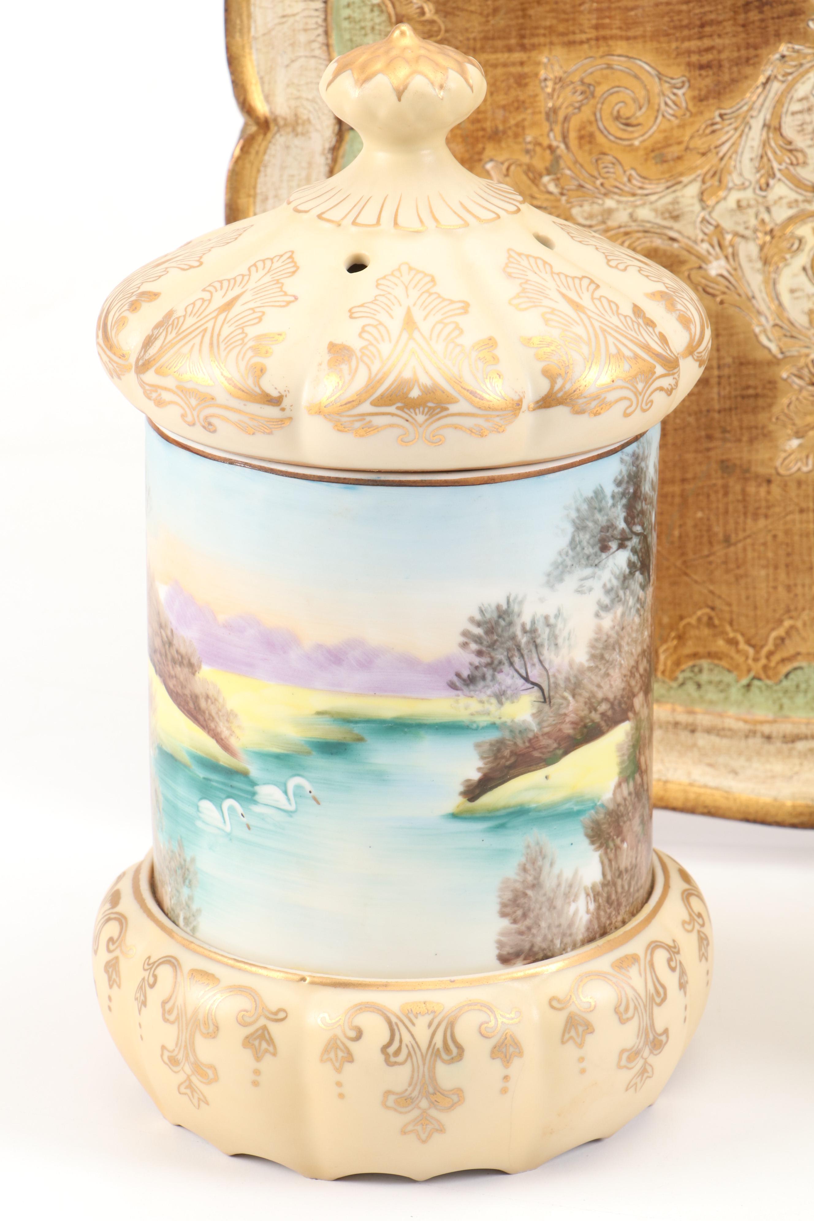 Sankyo Landscape Motif Porcelain Music Box with More Table Accessories