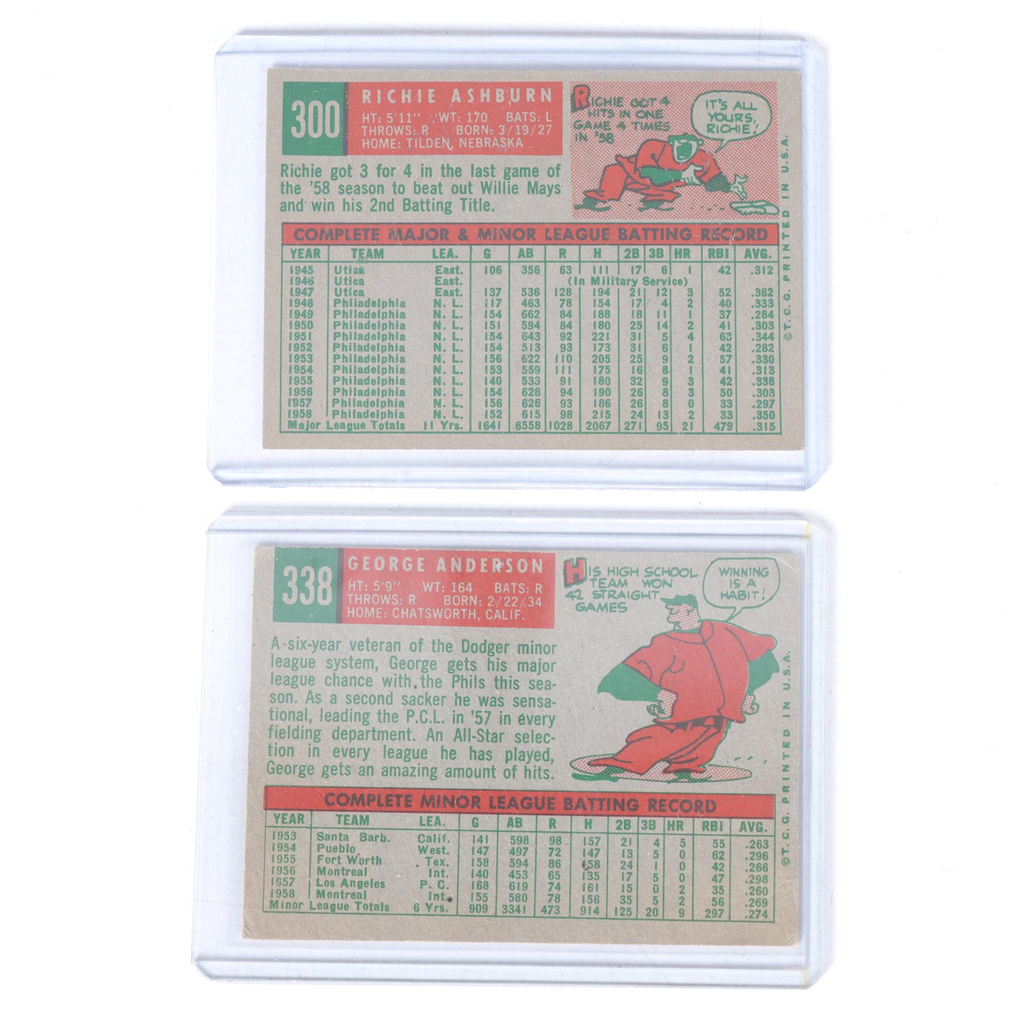 1959 Topps Baseball Cards with Nellie Fox, Richie Ashburn and George Anderson