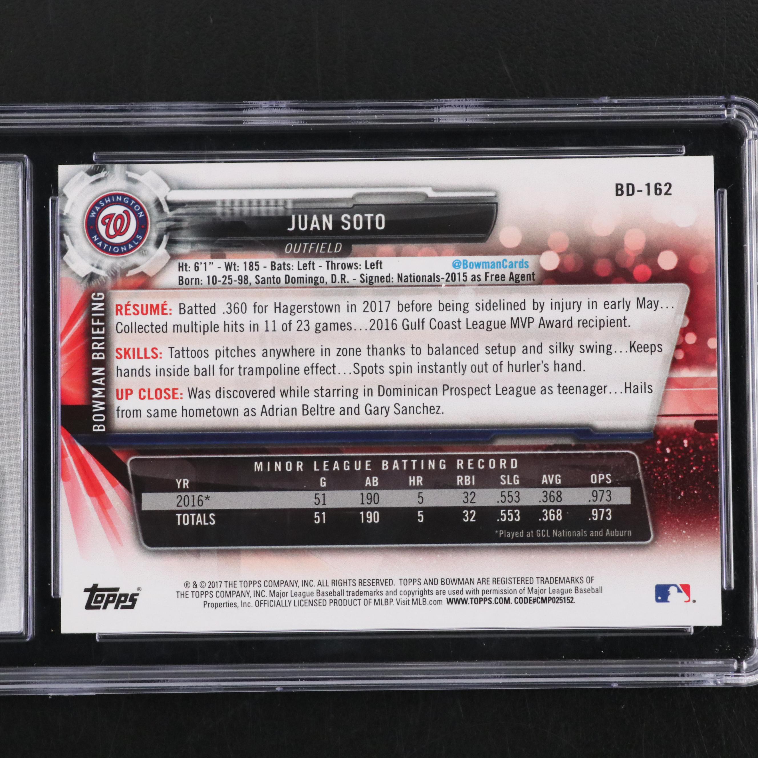 2017 Bowman Draft Juan Soto Prospect Baseball Card #BD-162 Graded CSG 10