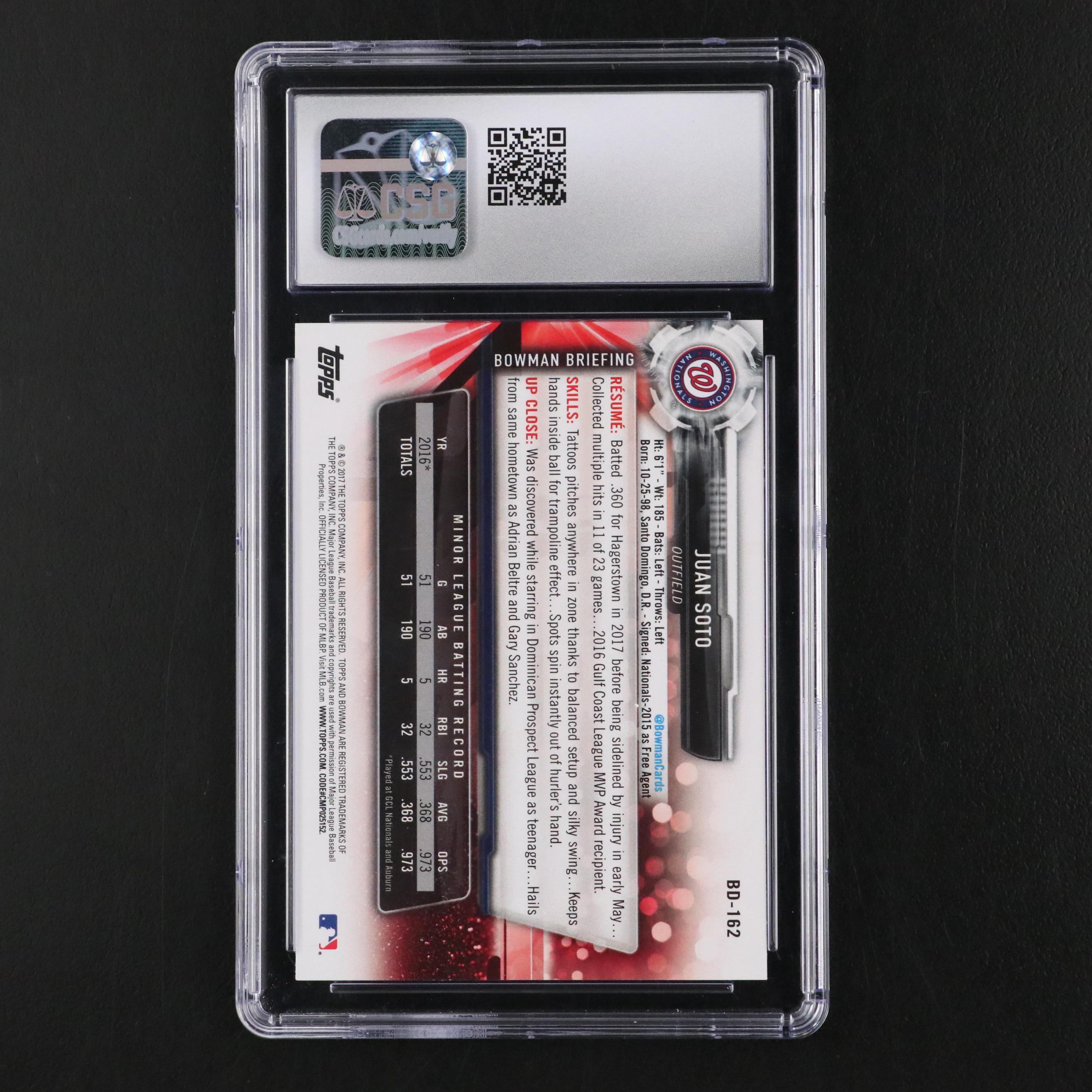 2017 Bowman Draft Juan Soto Prospect Baseball Card #BD-162 Graded CSG 10
