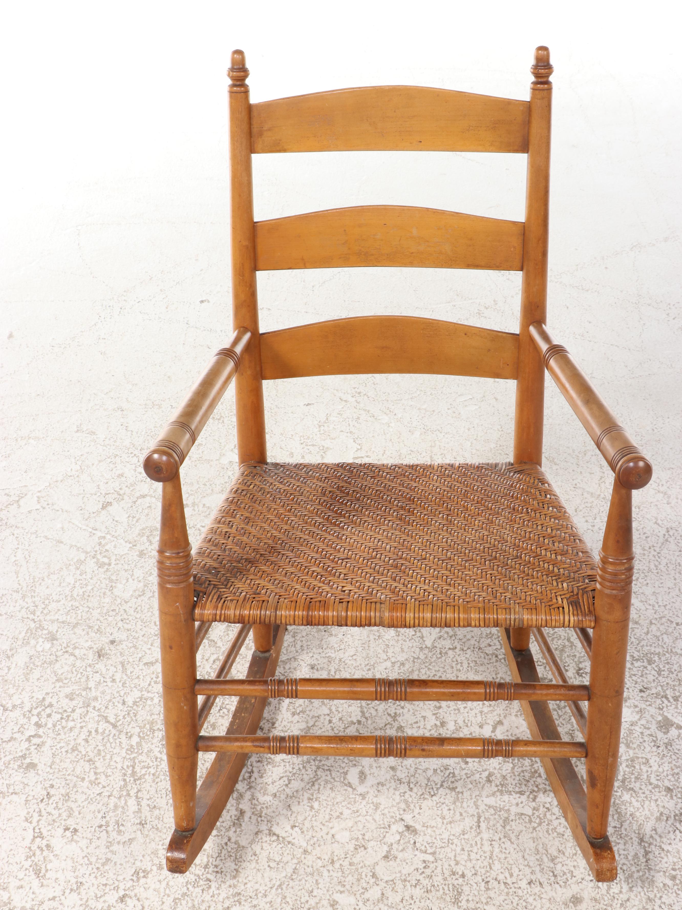 Shaker Style Birch Ladder-Back Rocking Chair with Woven Seat, 20th Century