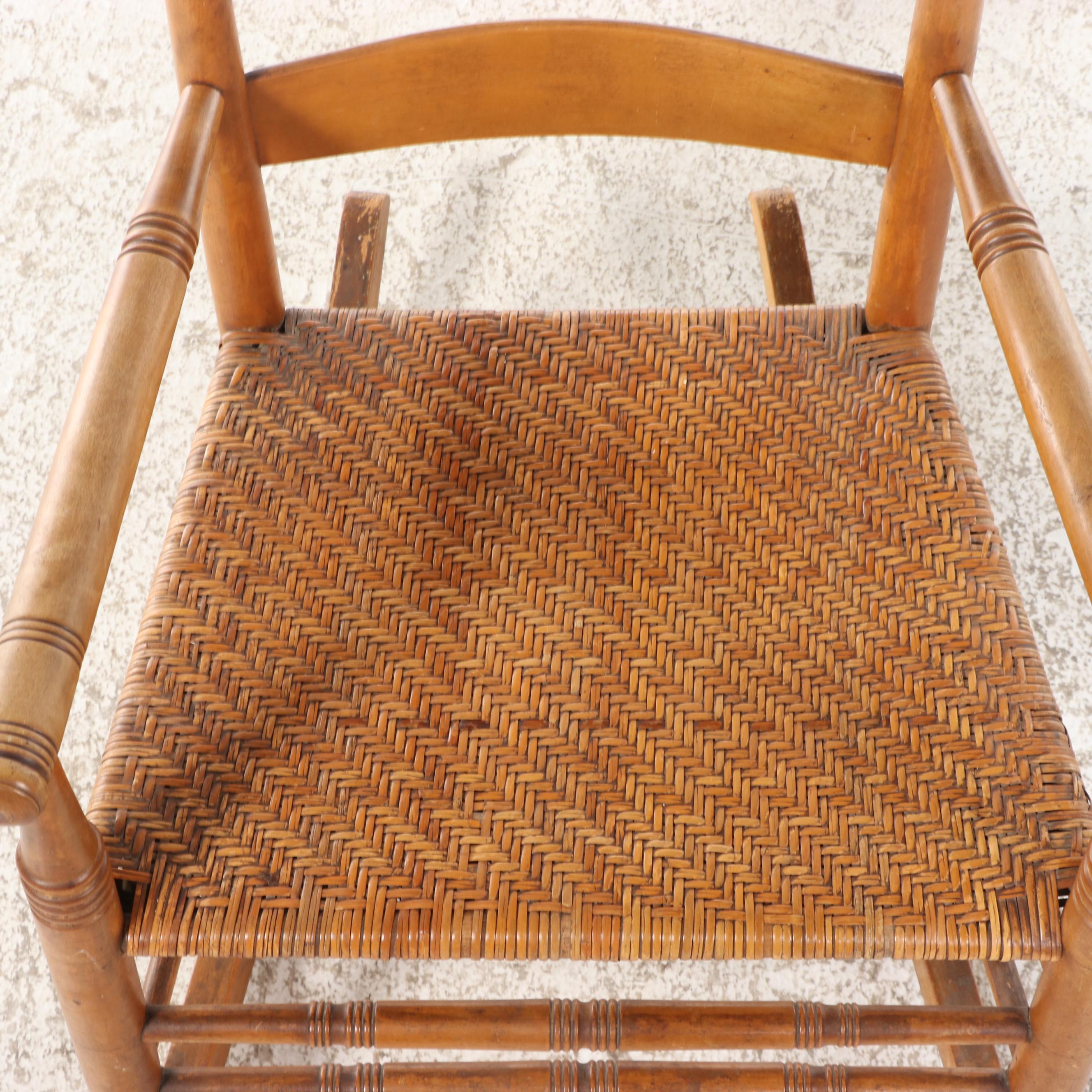 Shaker Style Birch Ladder-Back Rocking Chair with Woven Seat, 20th Century