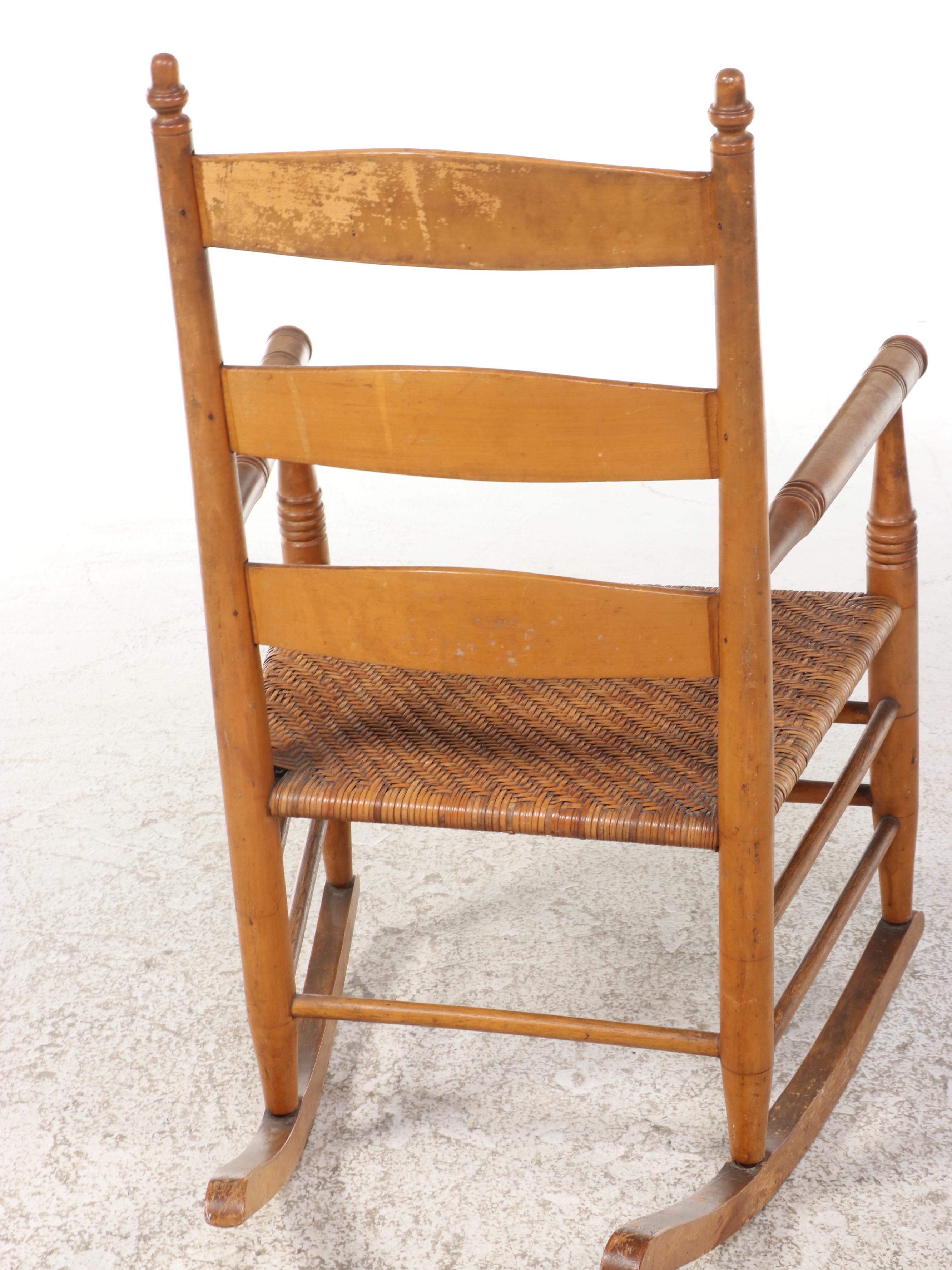 Shaker Style Birch Ladder-Back Rocking Chair with Woven Seat, 20th Century