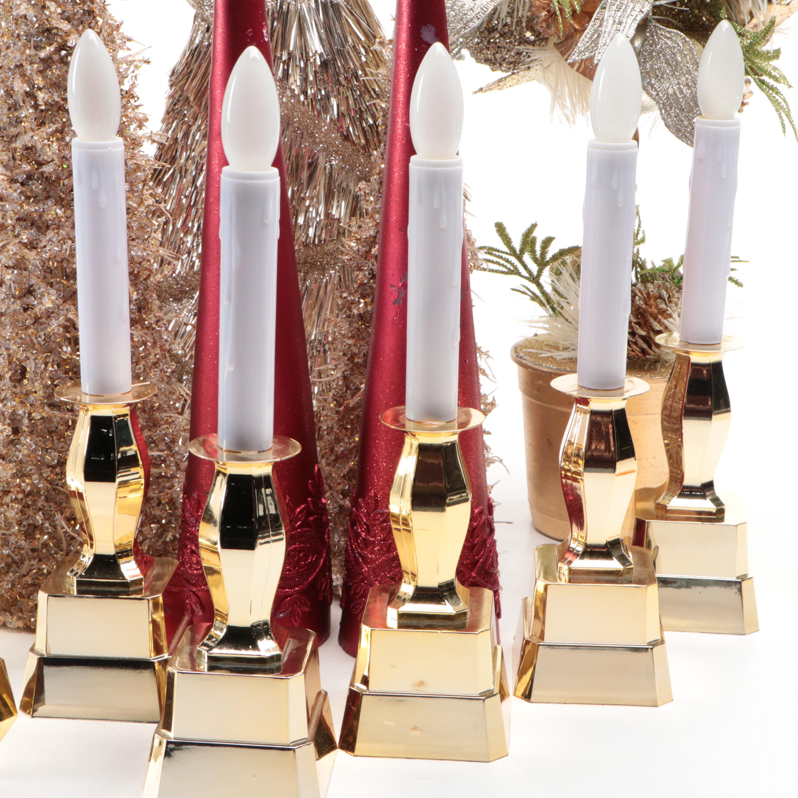 Seasonal Window LED Candles with Tinsel Trees, Topiary and Wax Candles