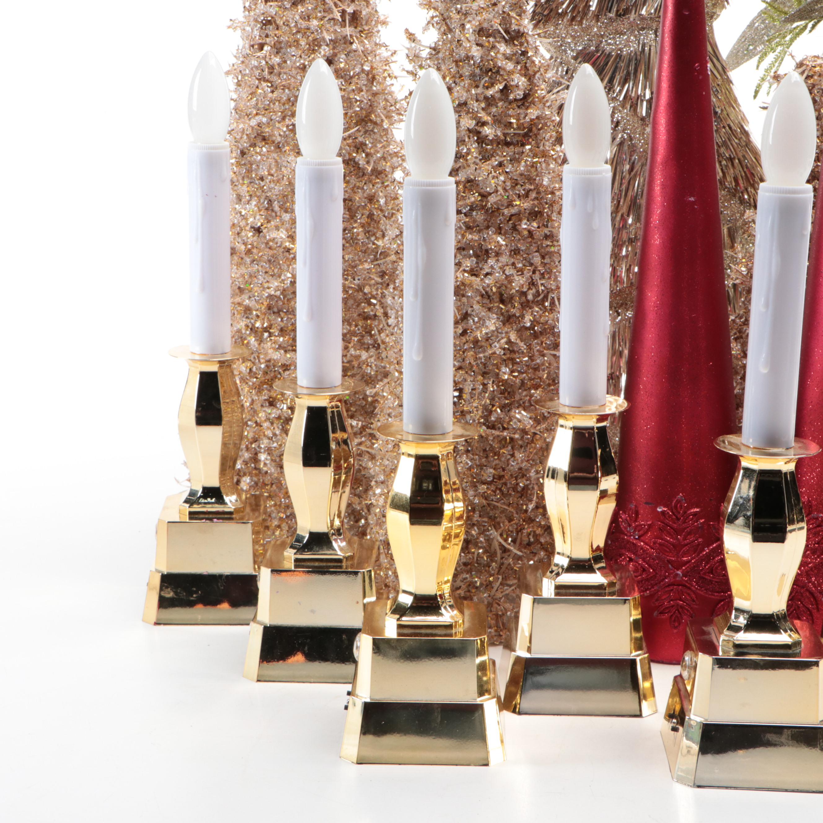 Seasonal Window LED Candles with Tinsel Trees, Topiary and Wax Candles