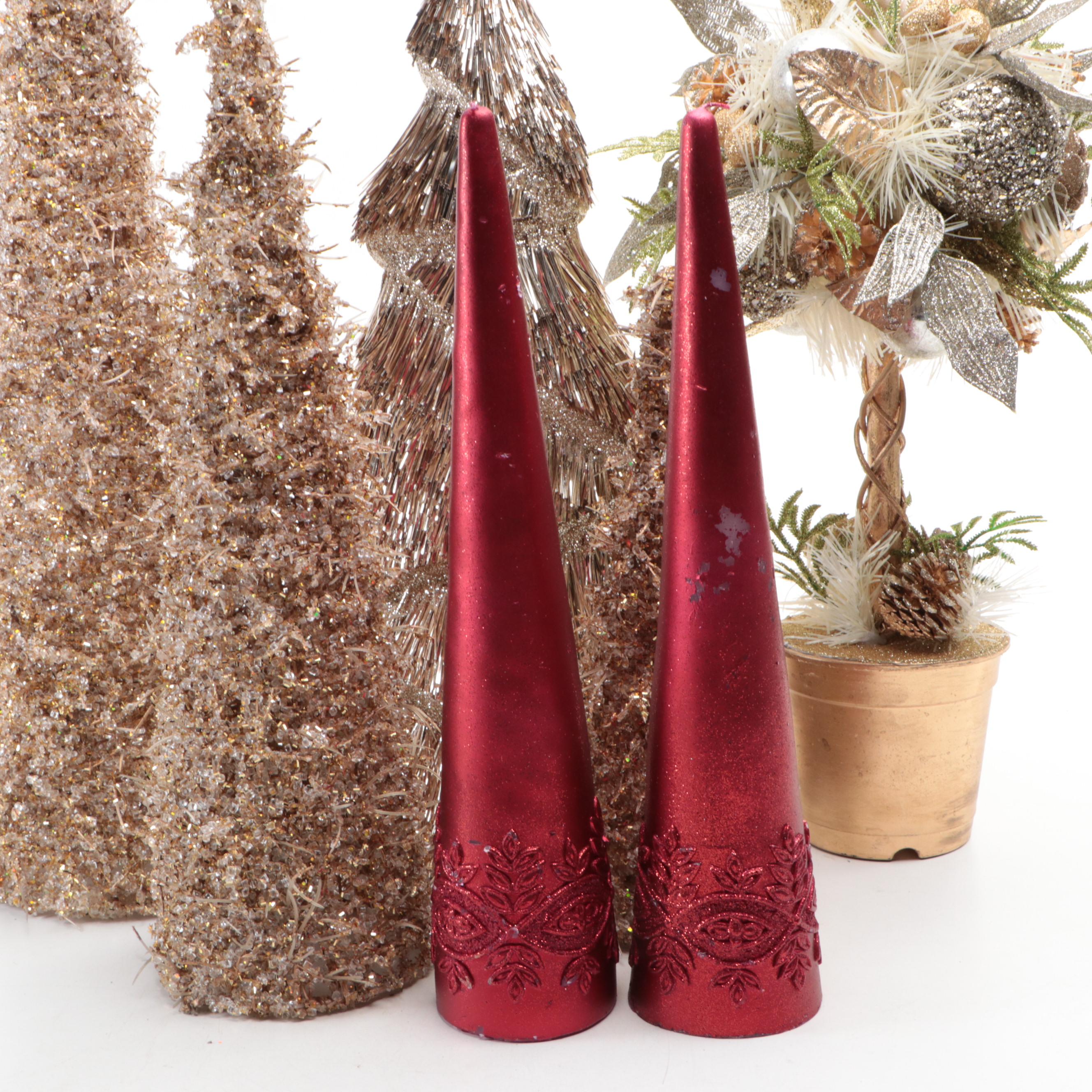 Seasonal Window LED Candles with Tinsel Trees, Topiary and Wax Candles