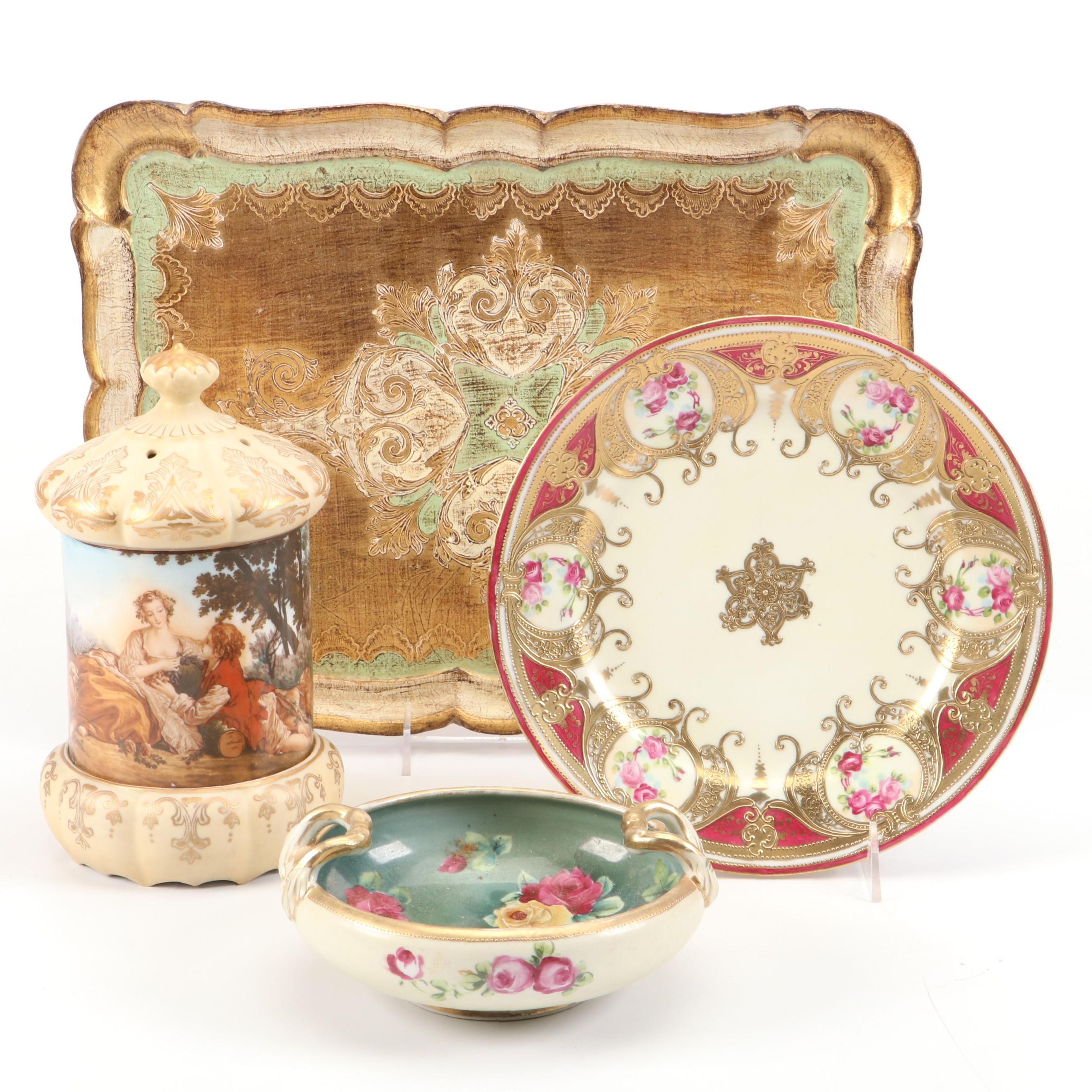 Sankyo Landscape Motif Porcelain Music Box with More Table Accessories