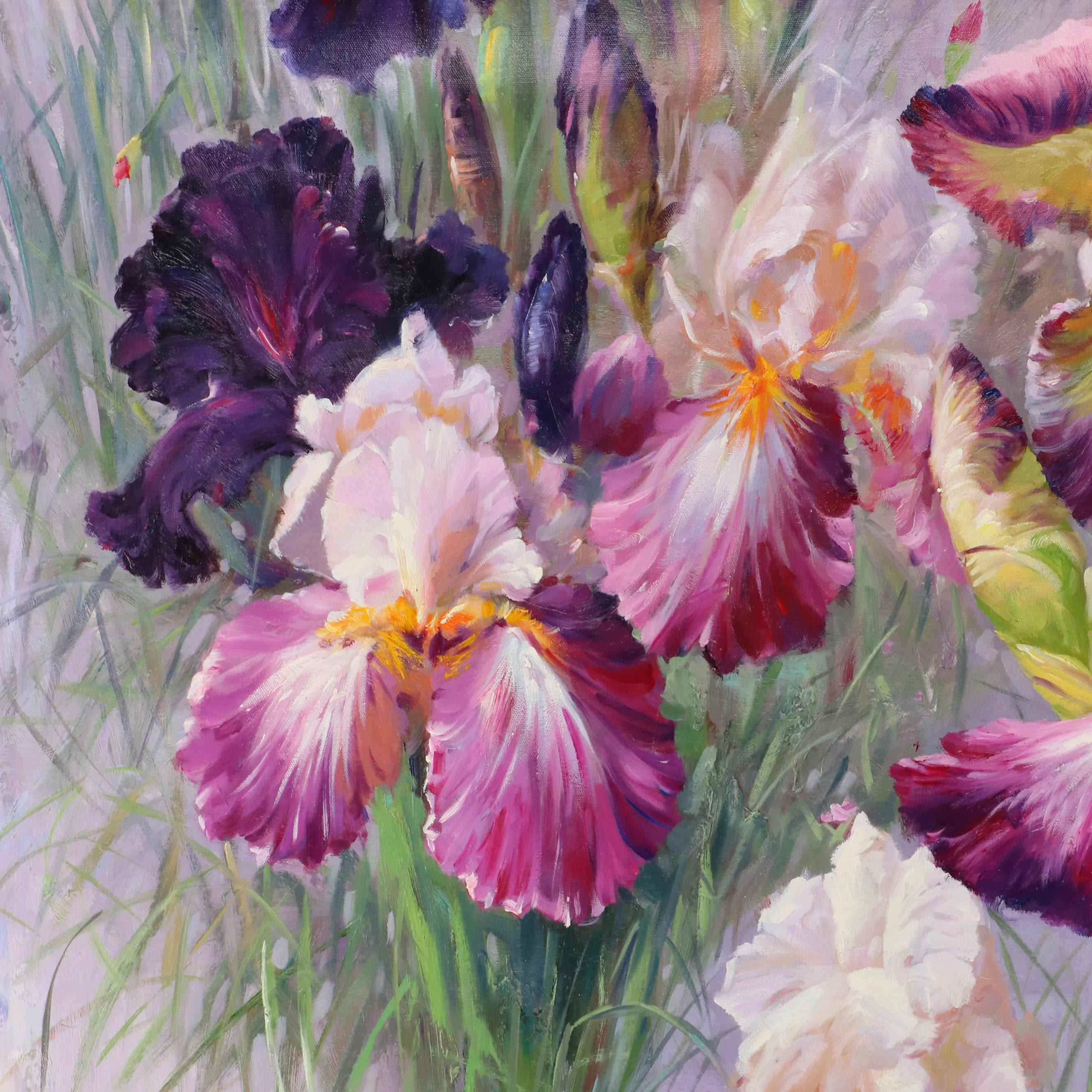 Sasha Bearded Irises Oil Painting, 21st Century