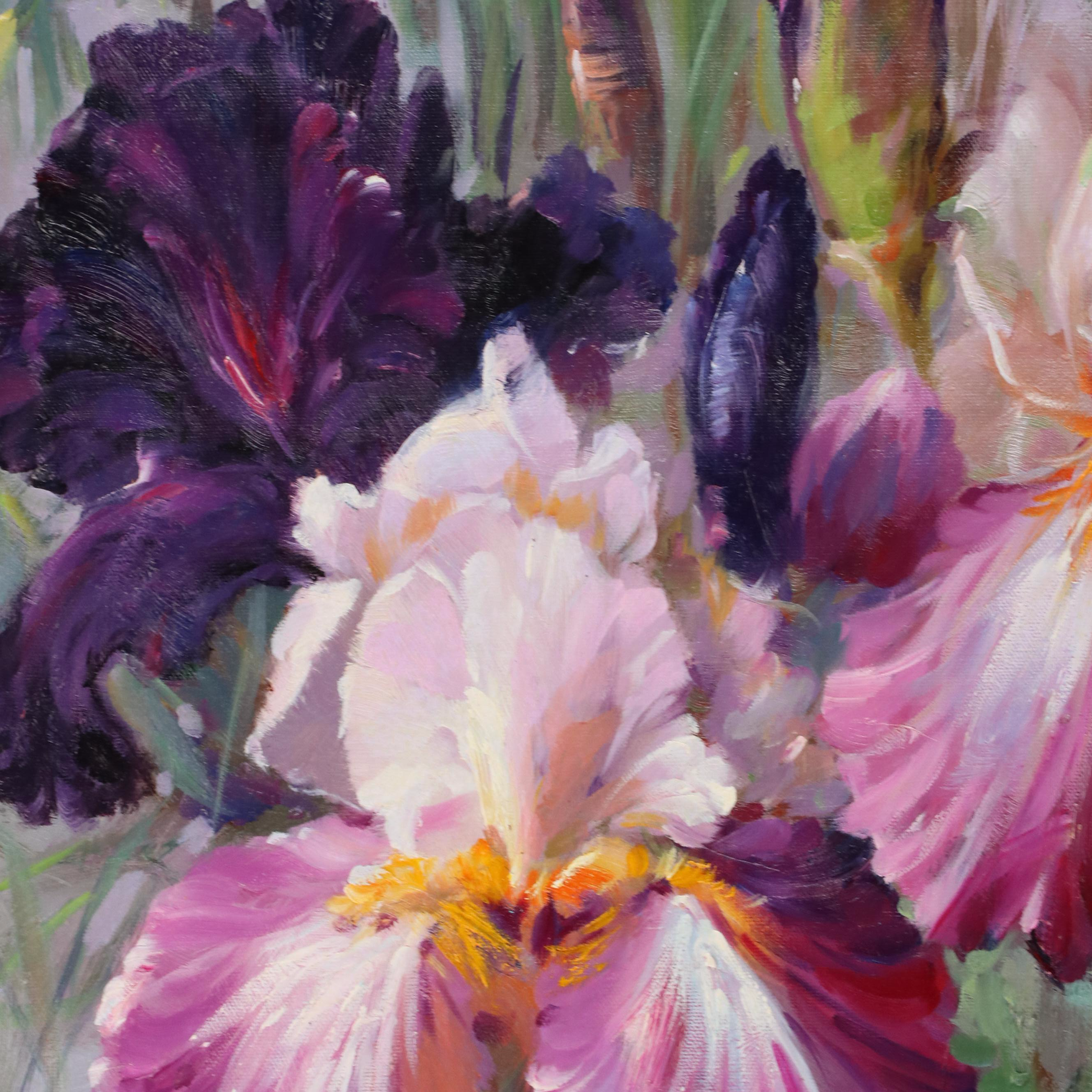 Sasha Bearded Irises Oil Painting, 21st Century
