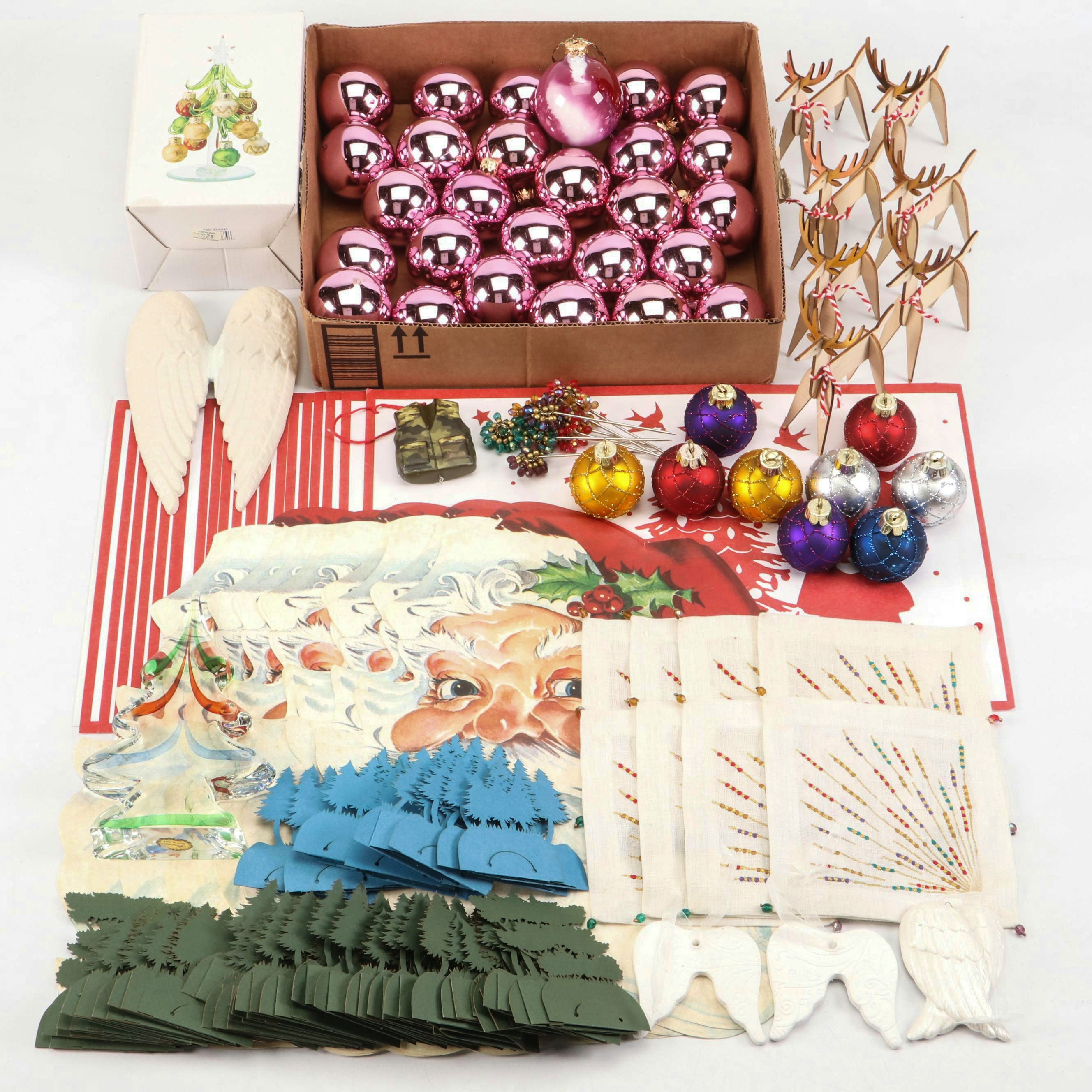 Christmas Ornaments, Paper Placemats, and Glass Figurines
