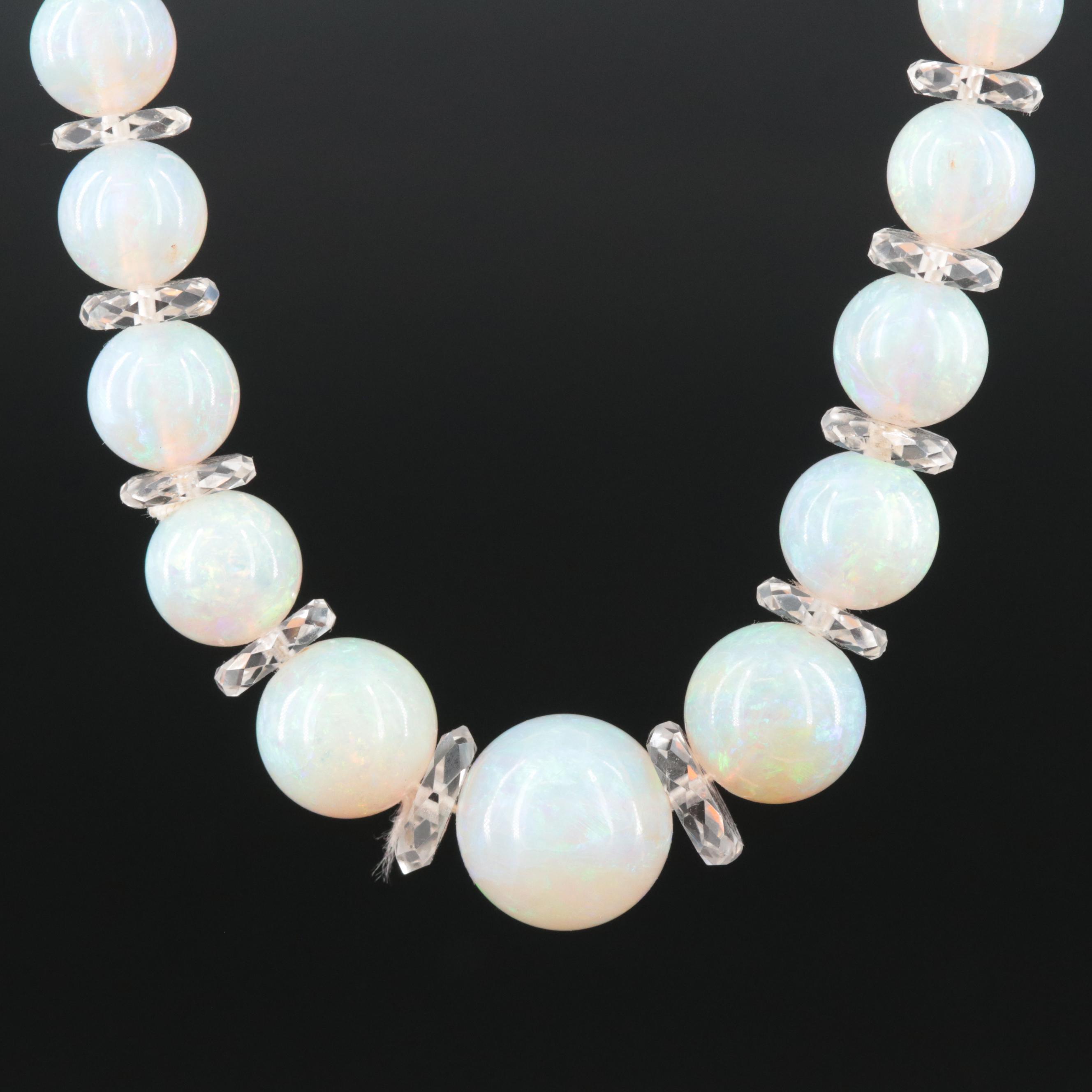 Art Deco Opal & Rock Crystal Quartz Graduated Necklace with Sterling Clasp