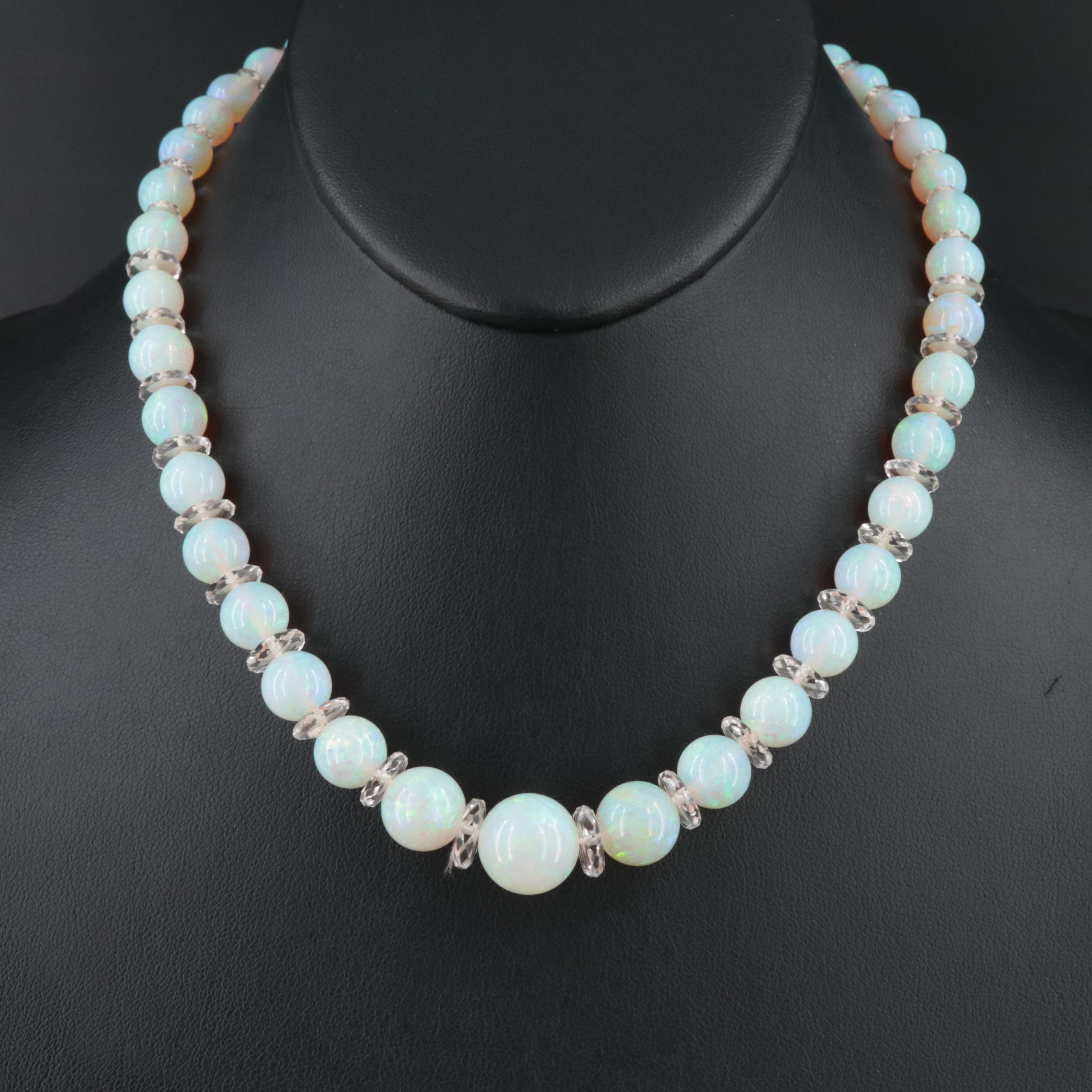 Art Deco Opal & Rock Crystal Quartz Graduated Necklace with Sterling Clasp