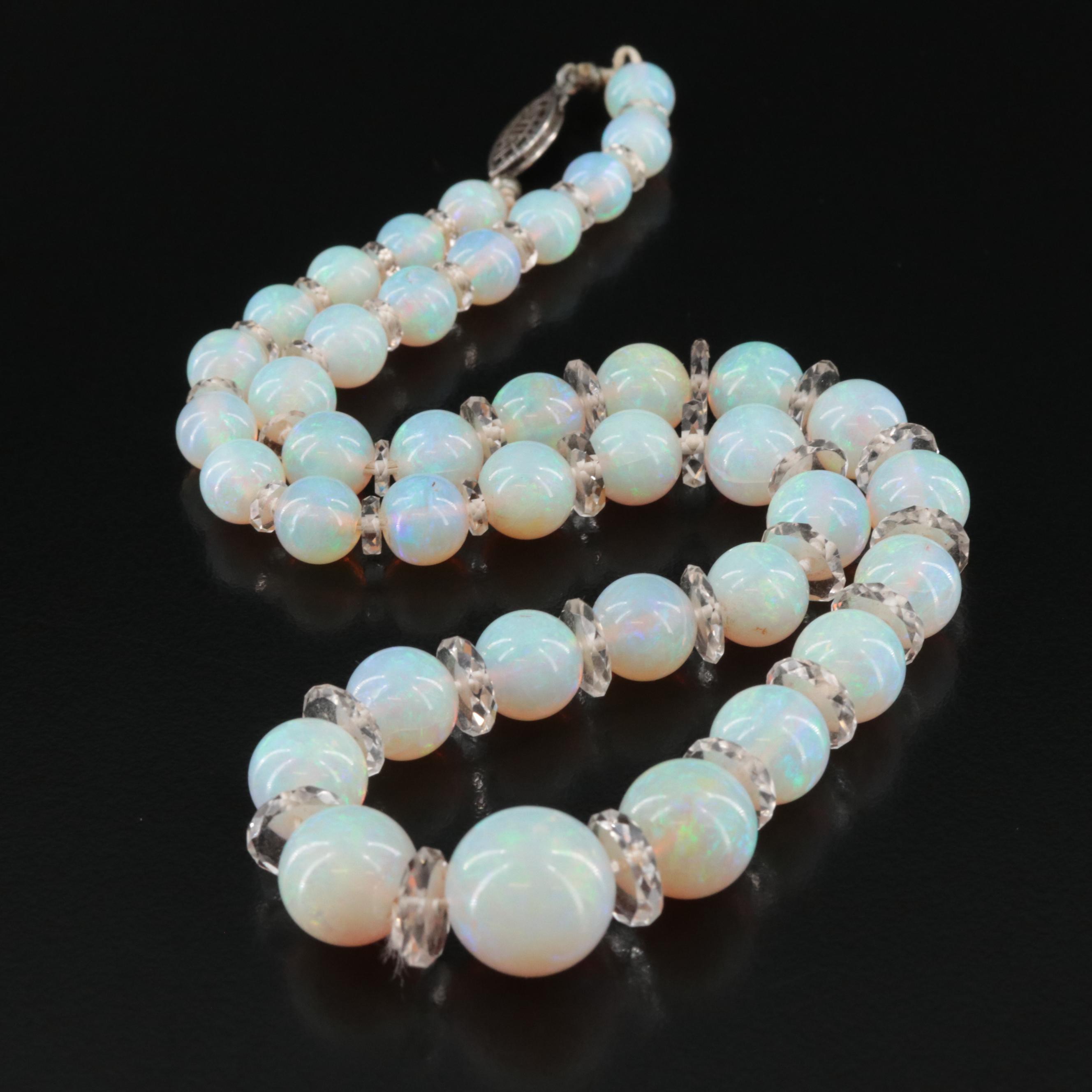 Art Deco Opal & Rock Crystal Quartz Graduated Necklace with Sterling Clasp