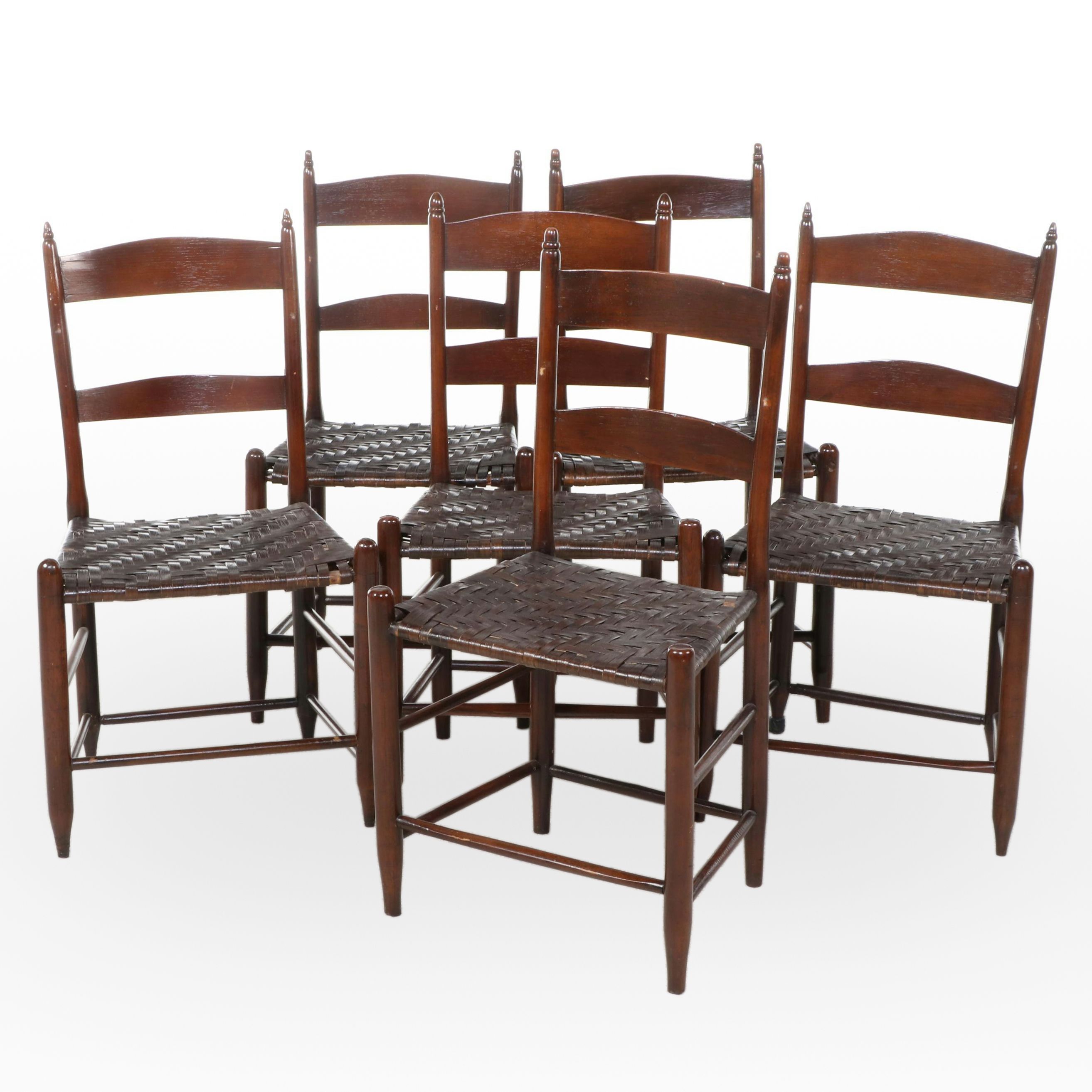 Set of Six American Shaker Style Ladder-Back Chairs with Splint Weave Seats
