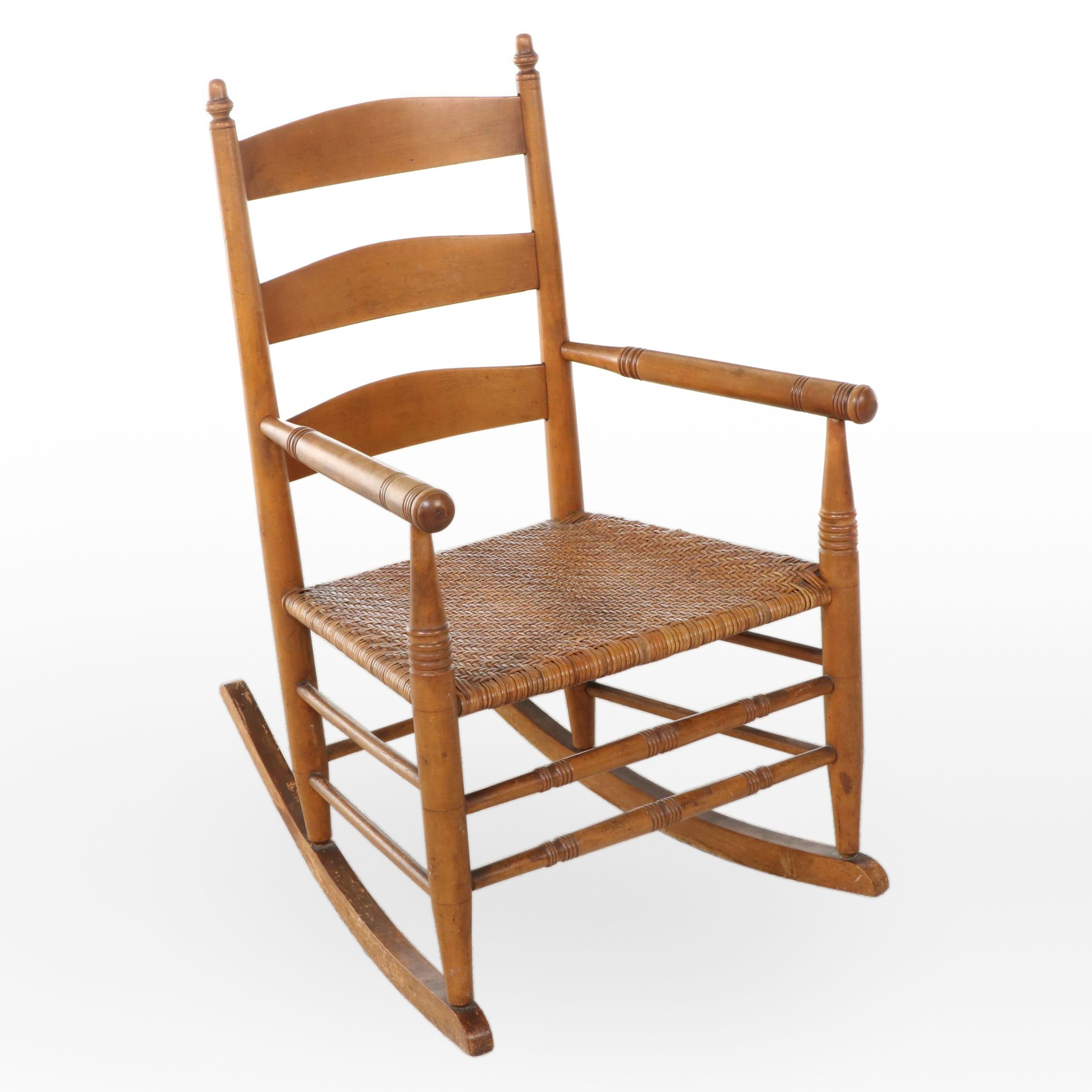 Shaker Style Birch Ladder-Back Rocking Chair with Woven Seat, 20th Century