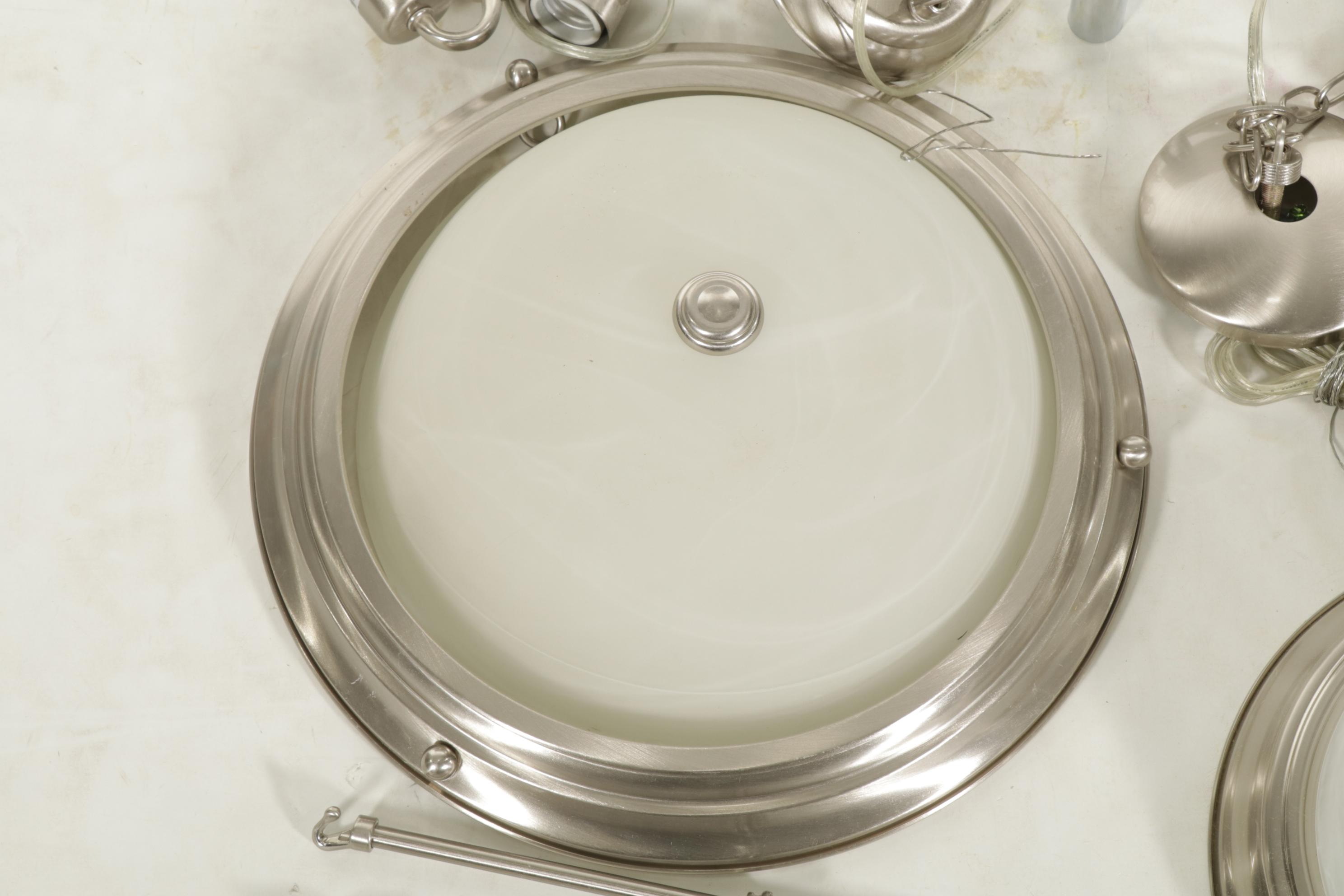 Pair of Brushed Nickel and Glass Plafonnier with Flush Mount Ceiling Fixtures