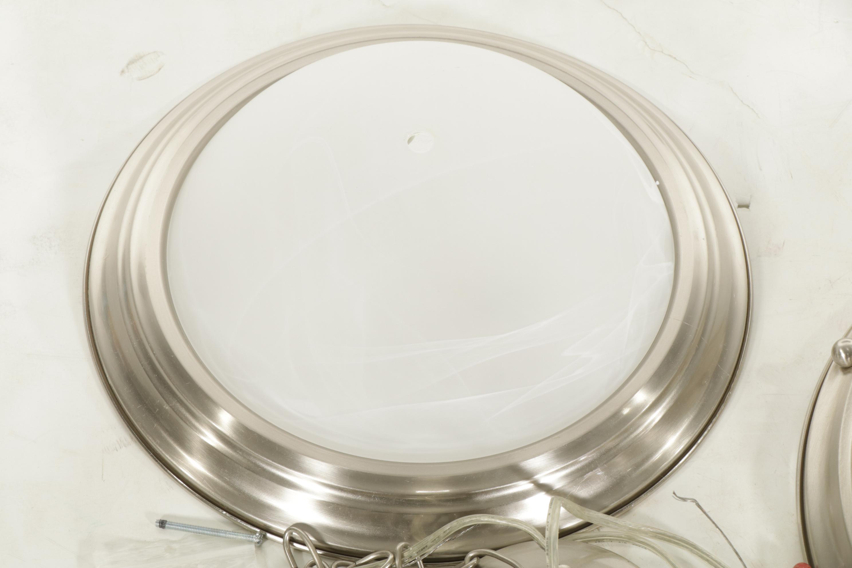 Pair of Brushed Nickel and Glass Plafonnier with Flush Mount Ceiling Fixtures