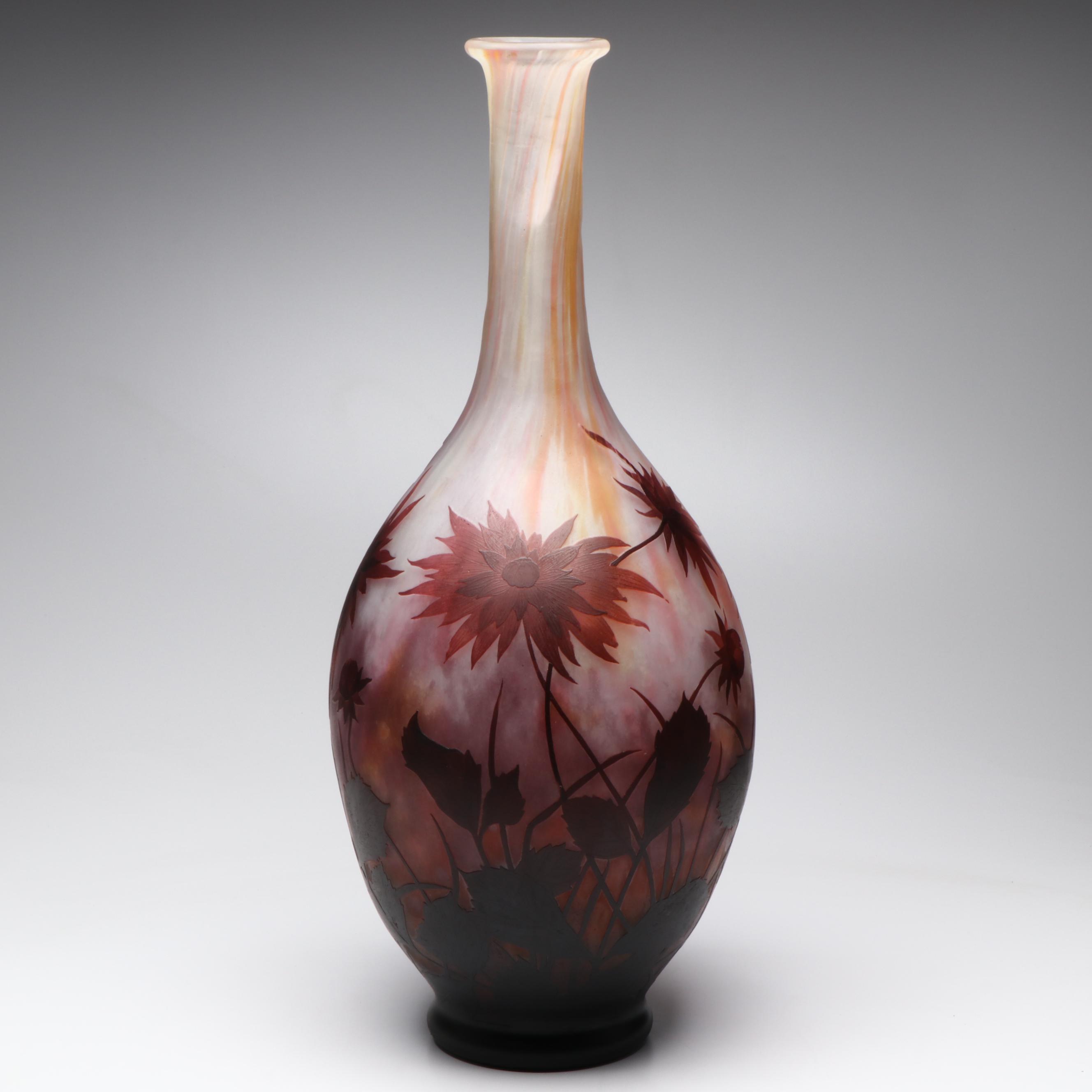 Daum Signed 27” Art Nouveau Cameo Glass Vase, Early 20th Century