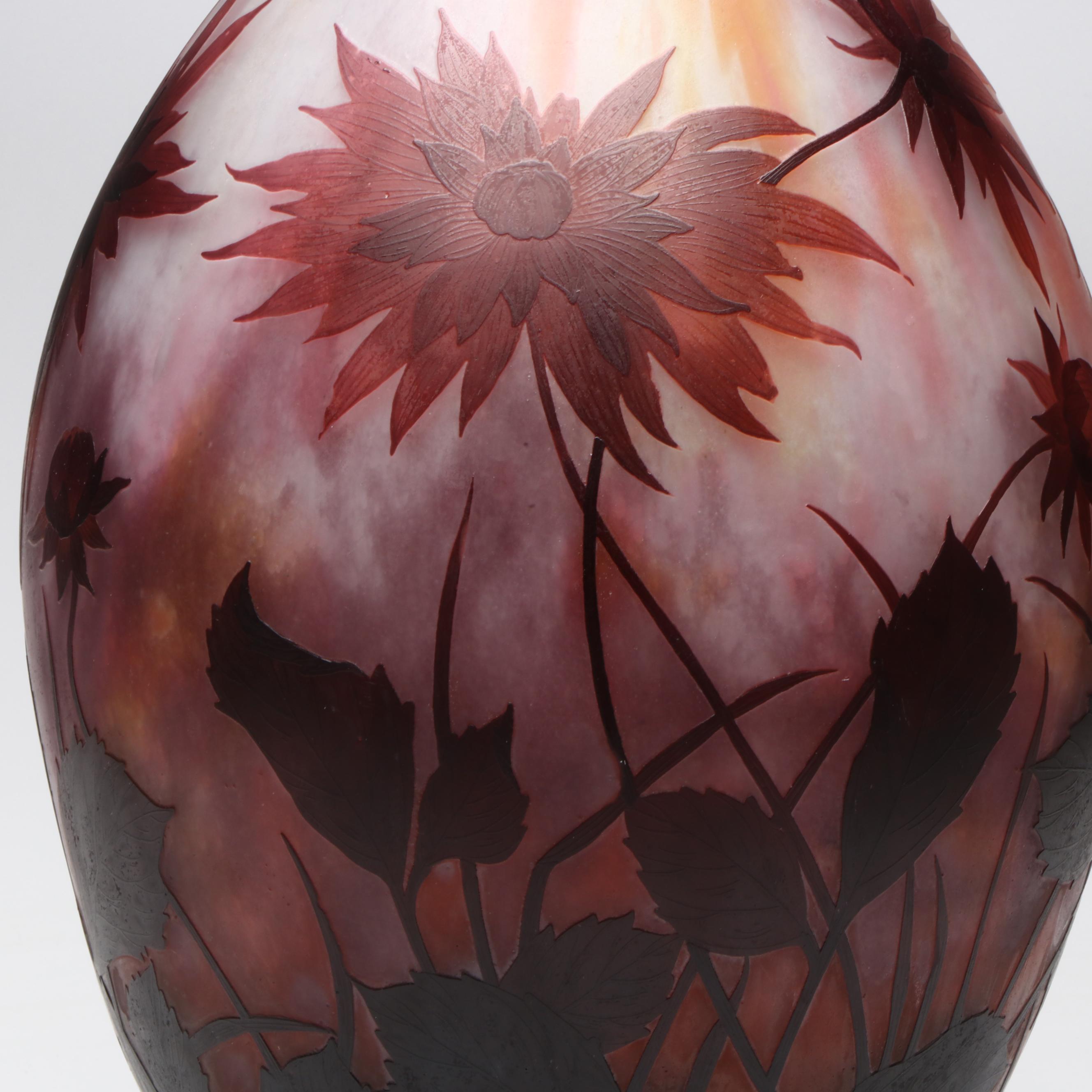 Daum Signed 27” Art Nouveau Cameo Glass Vase, Early 20th Century