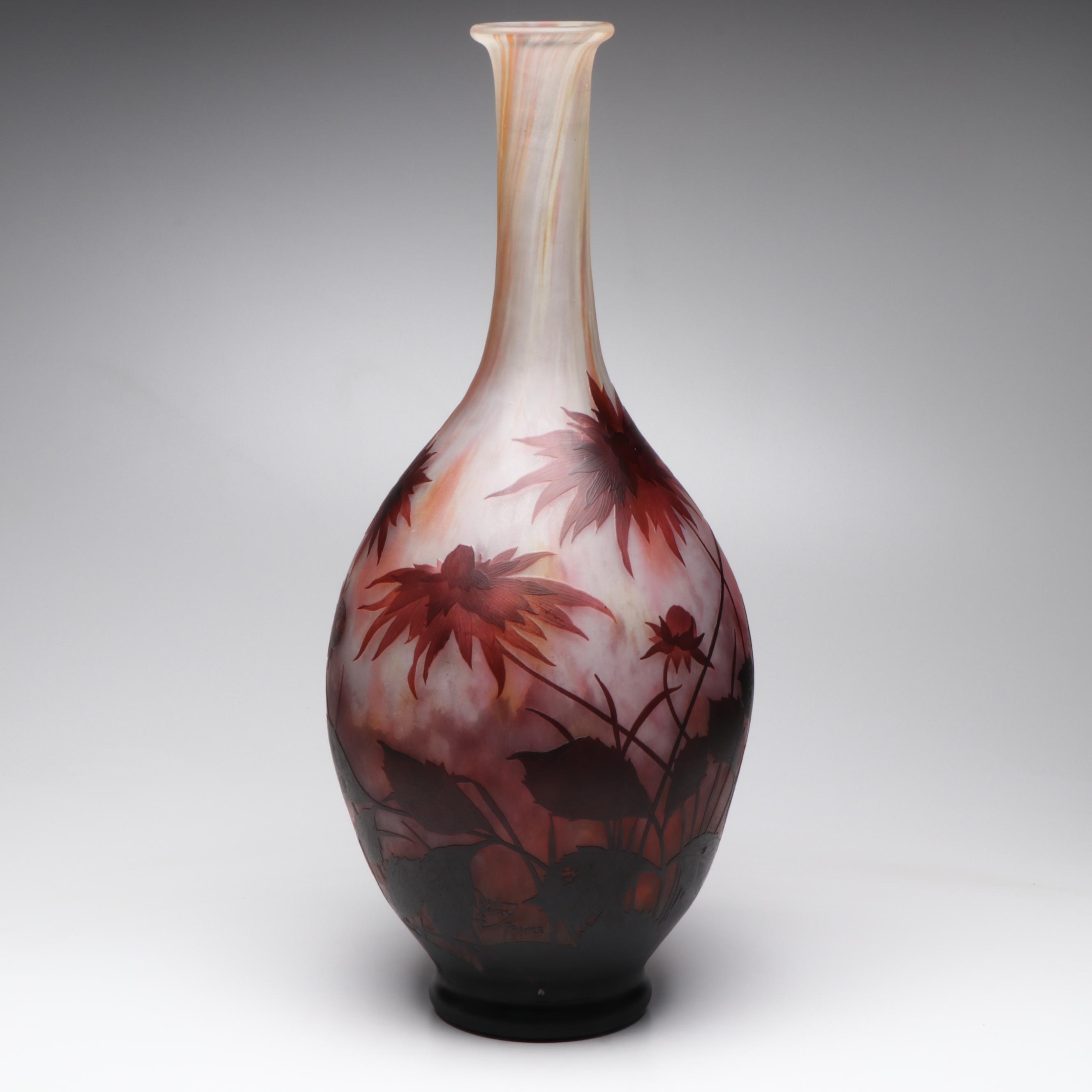 Daum Signed 27” Art Nouveau Cameo Glass Vase, Early 20th Century