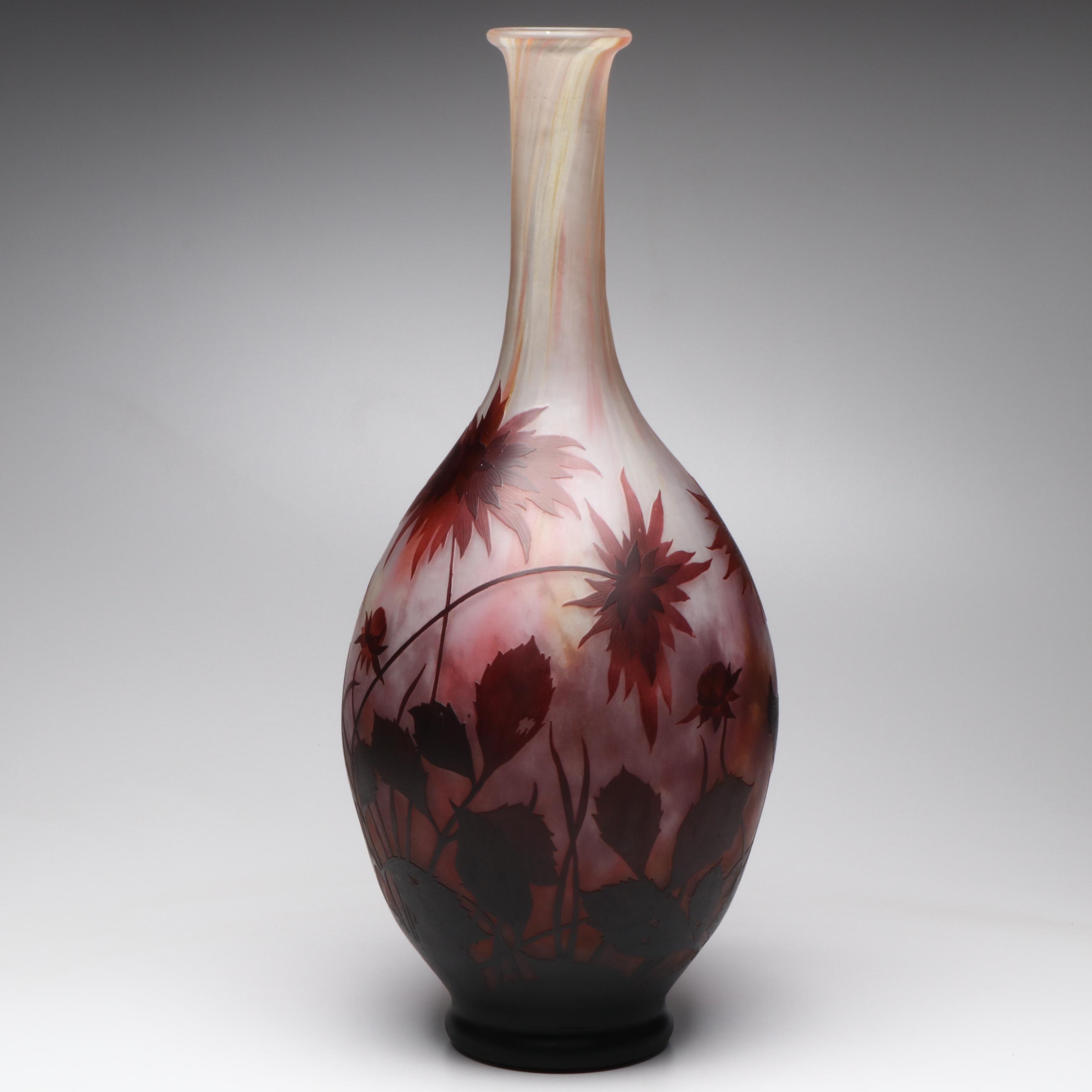 Daum Signed 27” Art Nouveau Cameo Glass Vase, Early 20th Century