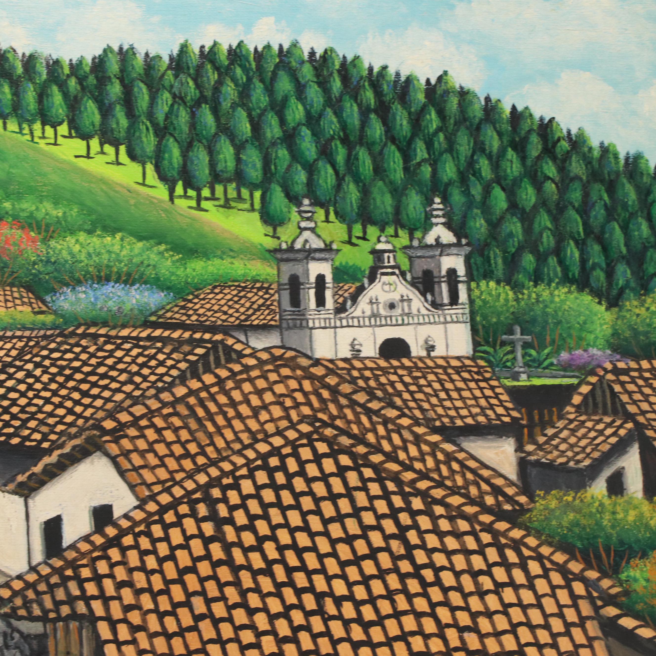José Antonio Velásquez Primitivist Acrylic Painting of Honduran Townscape, 1982