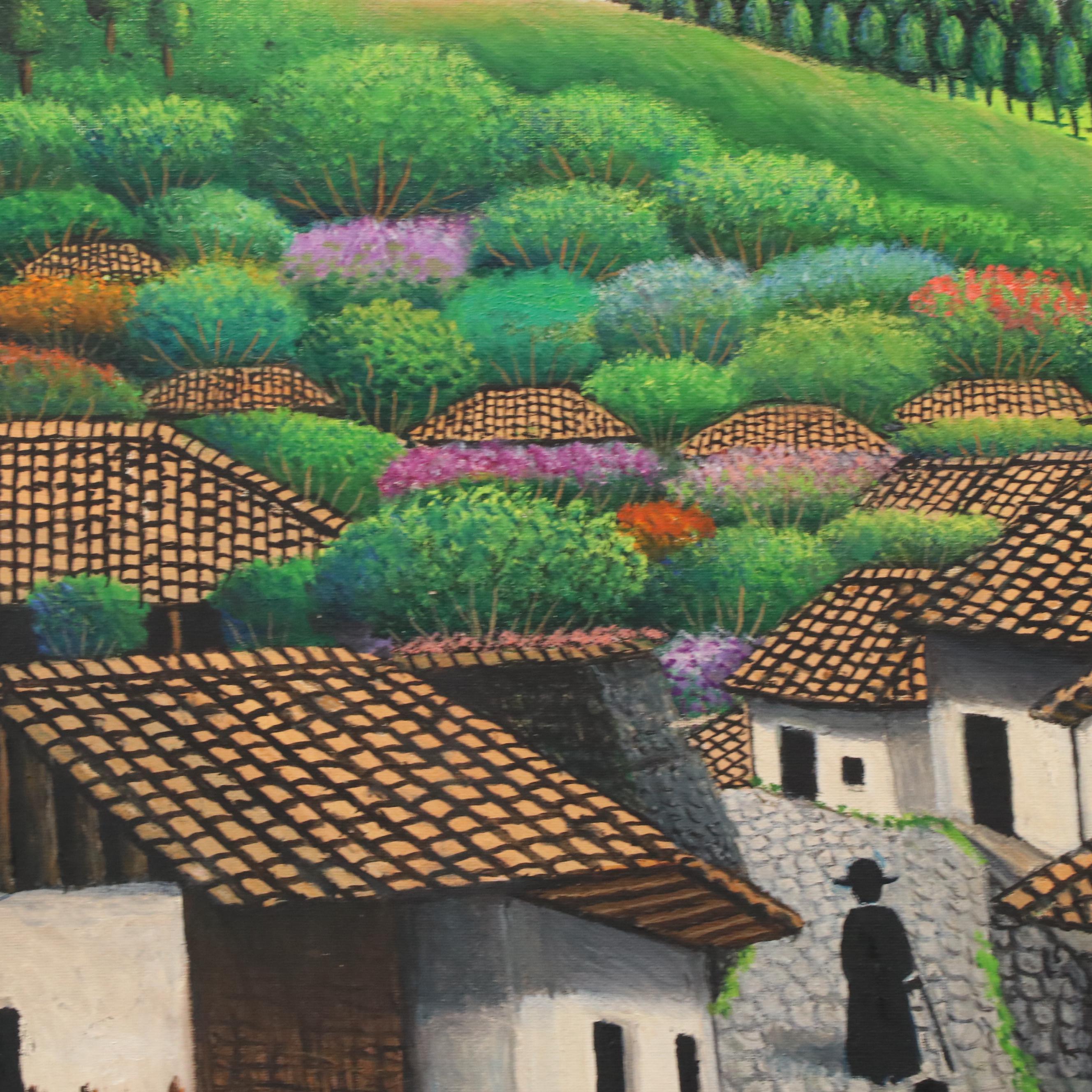 José Antonio Velásquez Primitivist Acrylic Painting of Honduran Townscape, 1982