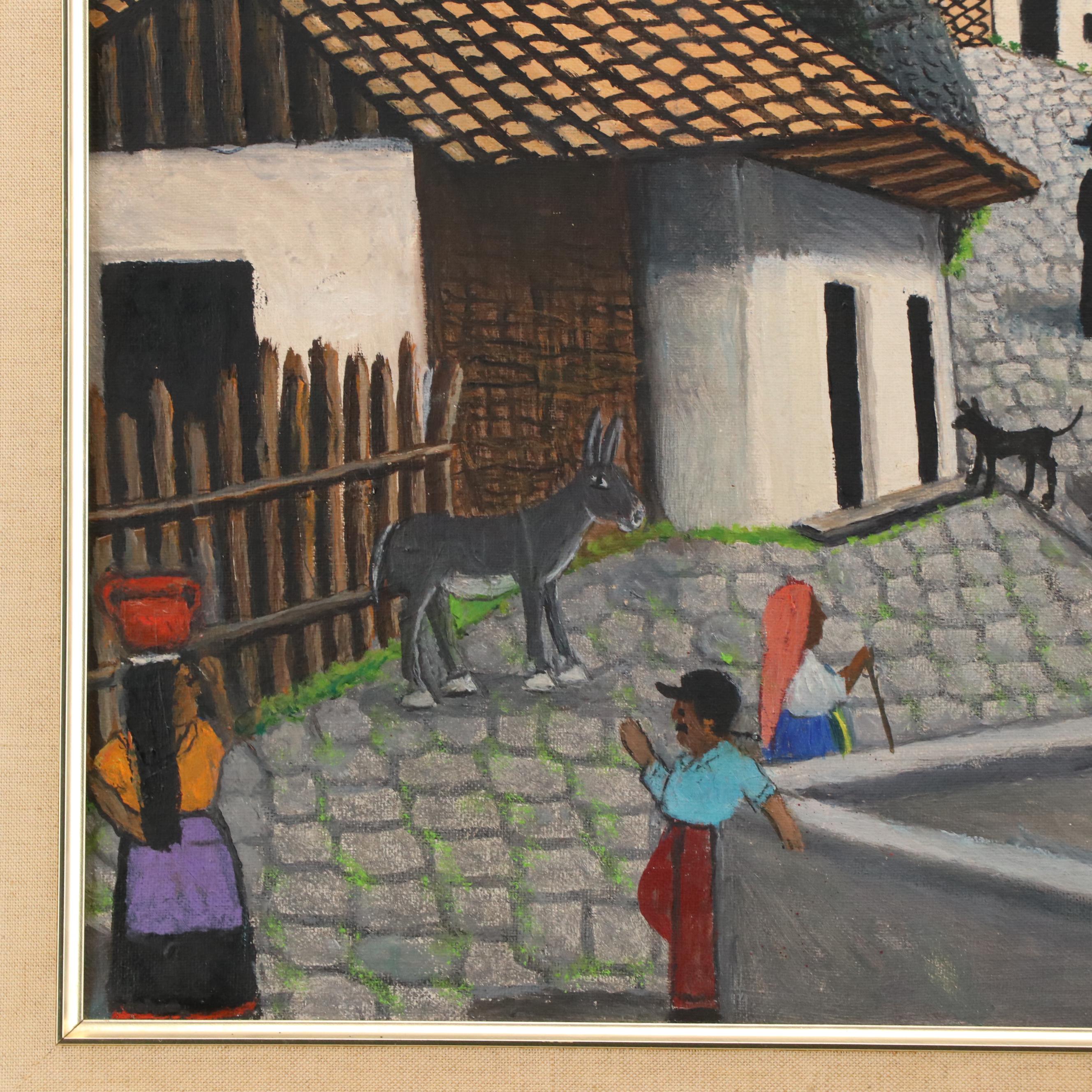 José Antonio Velásquez Primitivist Acrylic Painting of Honduran Townscape, 1982