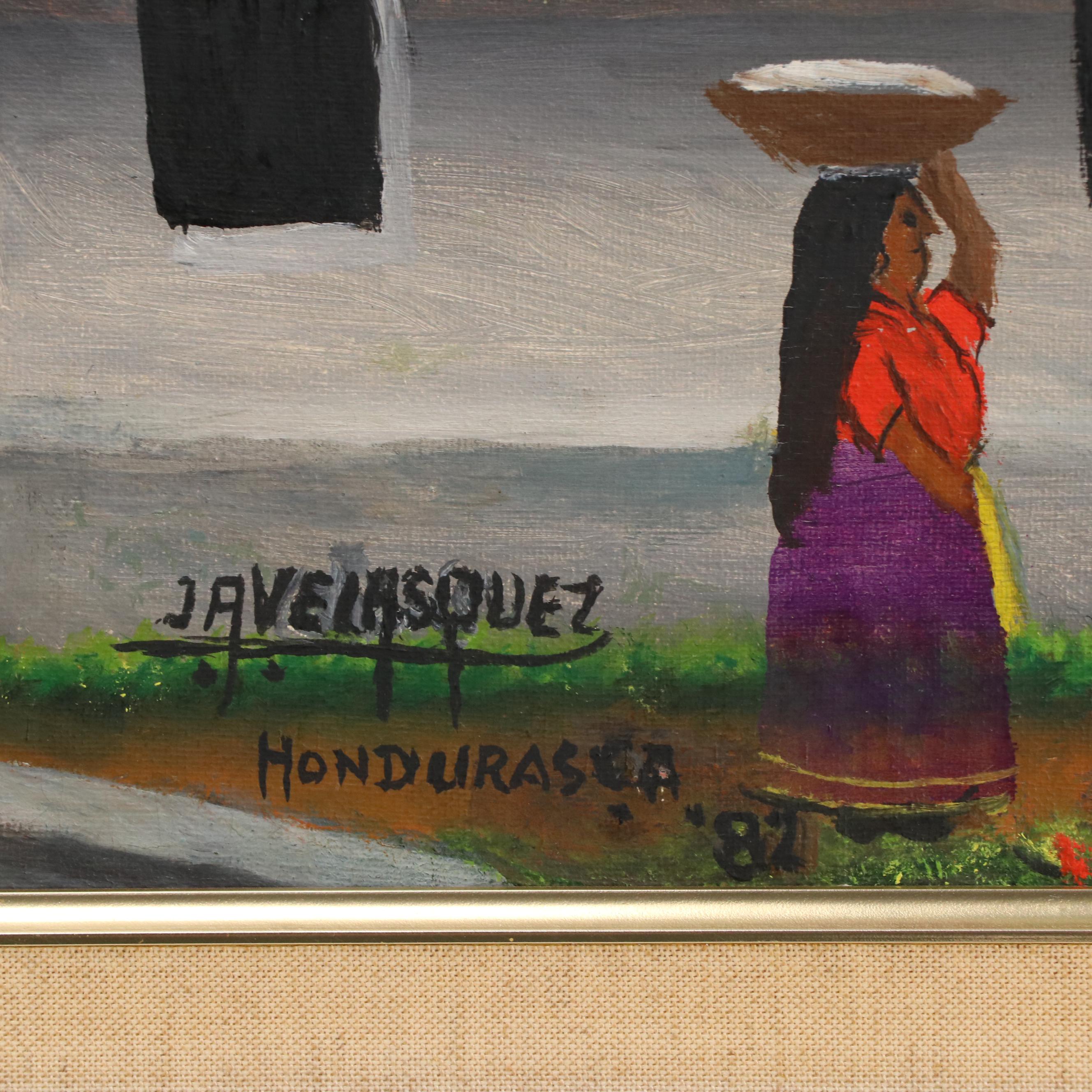 José Antonio Velásquez Primitivist Acrylic Painting of Honduran Townscape, 1982